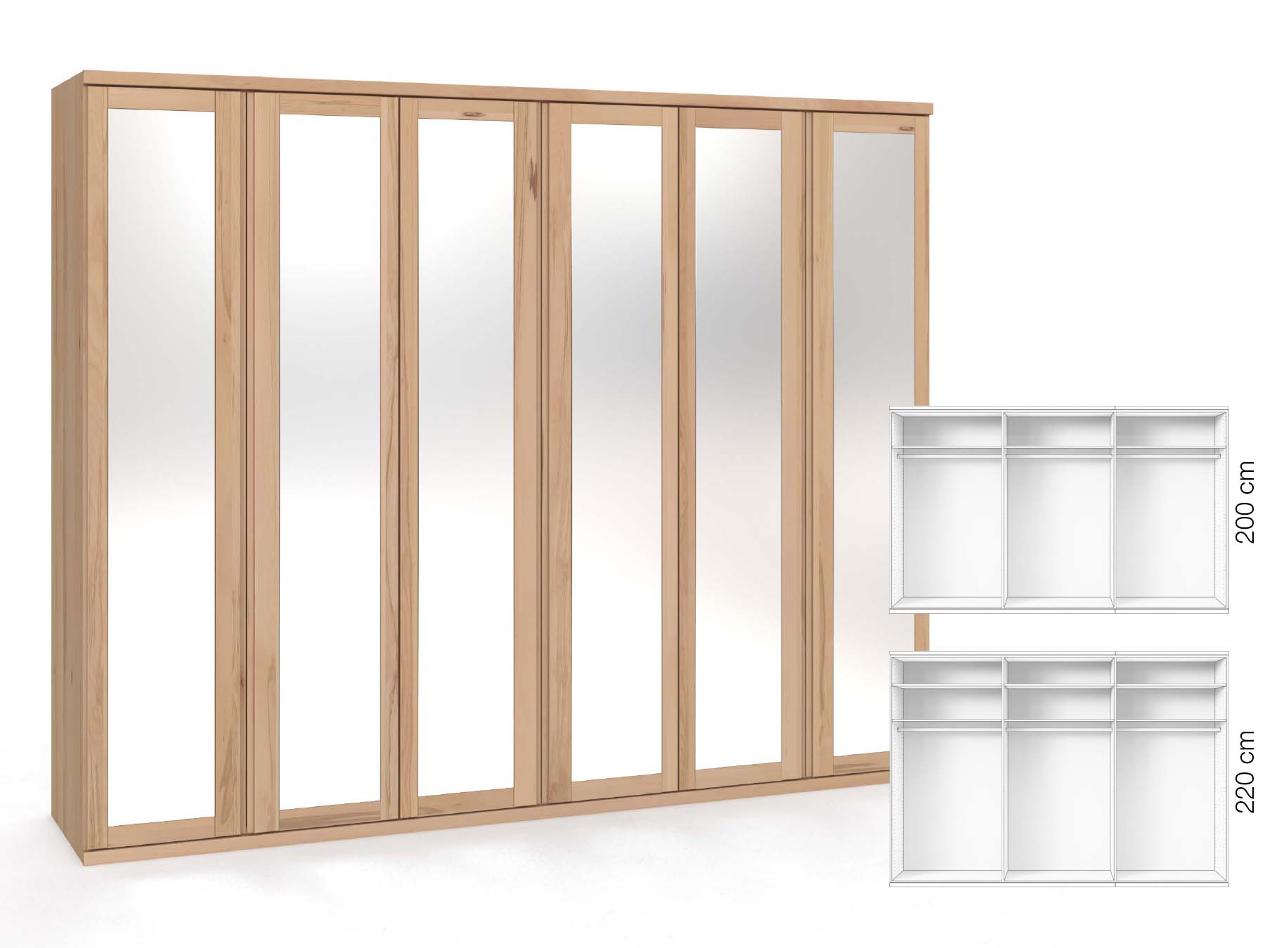 Buchenschrank „Sandra“, 6-türig, Höhe 220 cm, Griffausführung „Patrizia“, Inneneinrichtung: A