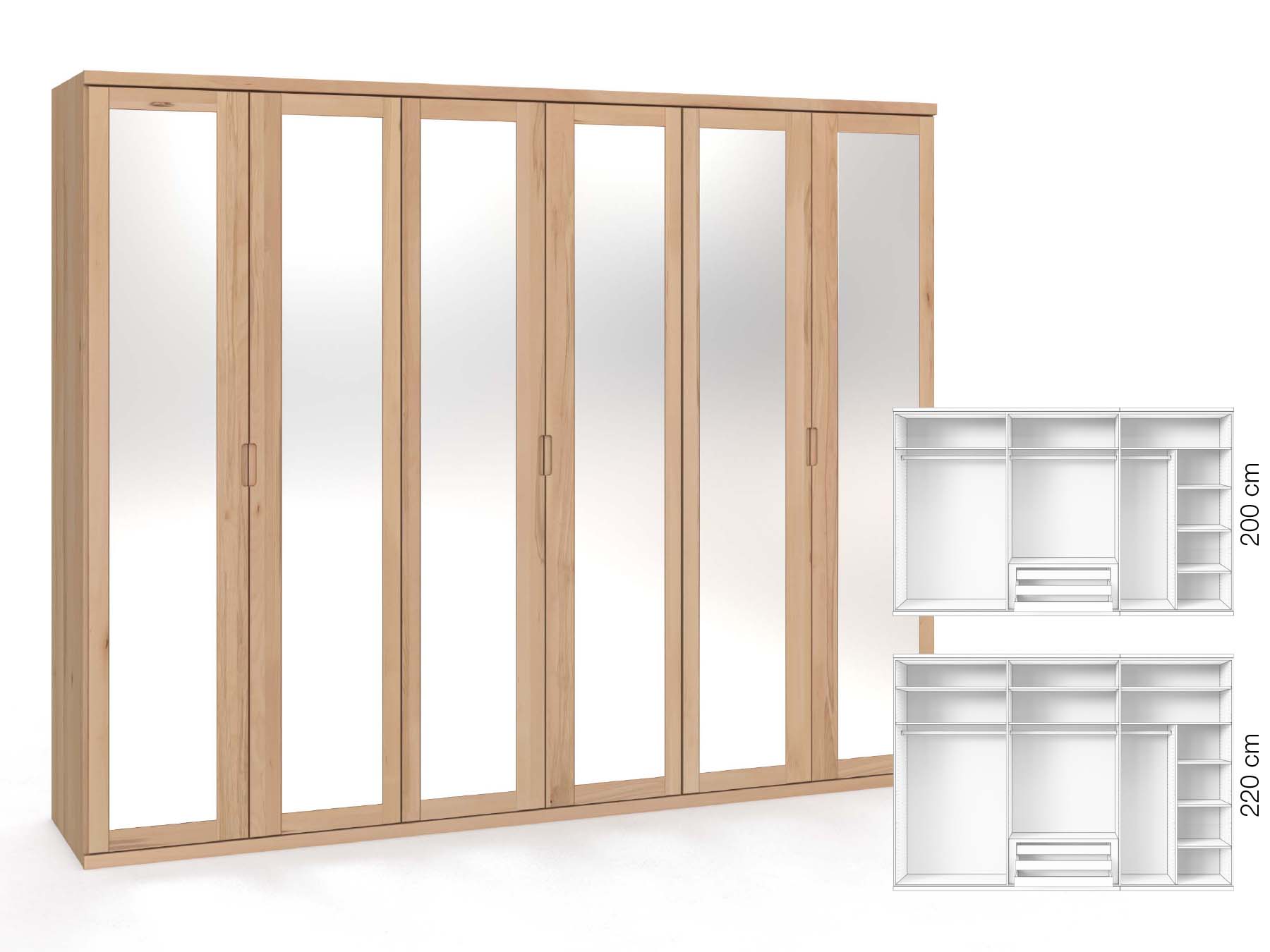 Buchenschrank „Sandra“, 6-türig, Höhe 220 cm, Griffausführung „Lukas“, Inneneinrichtung: B