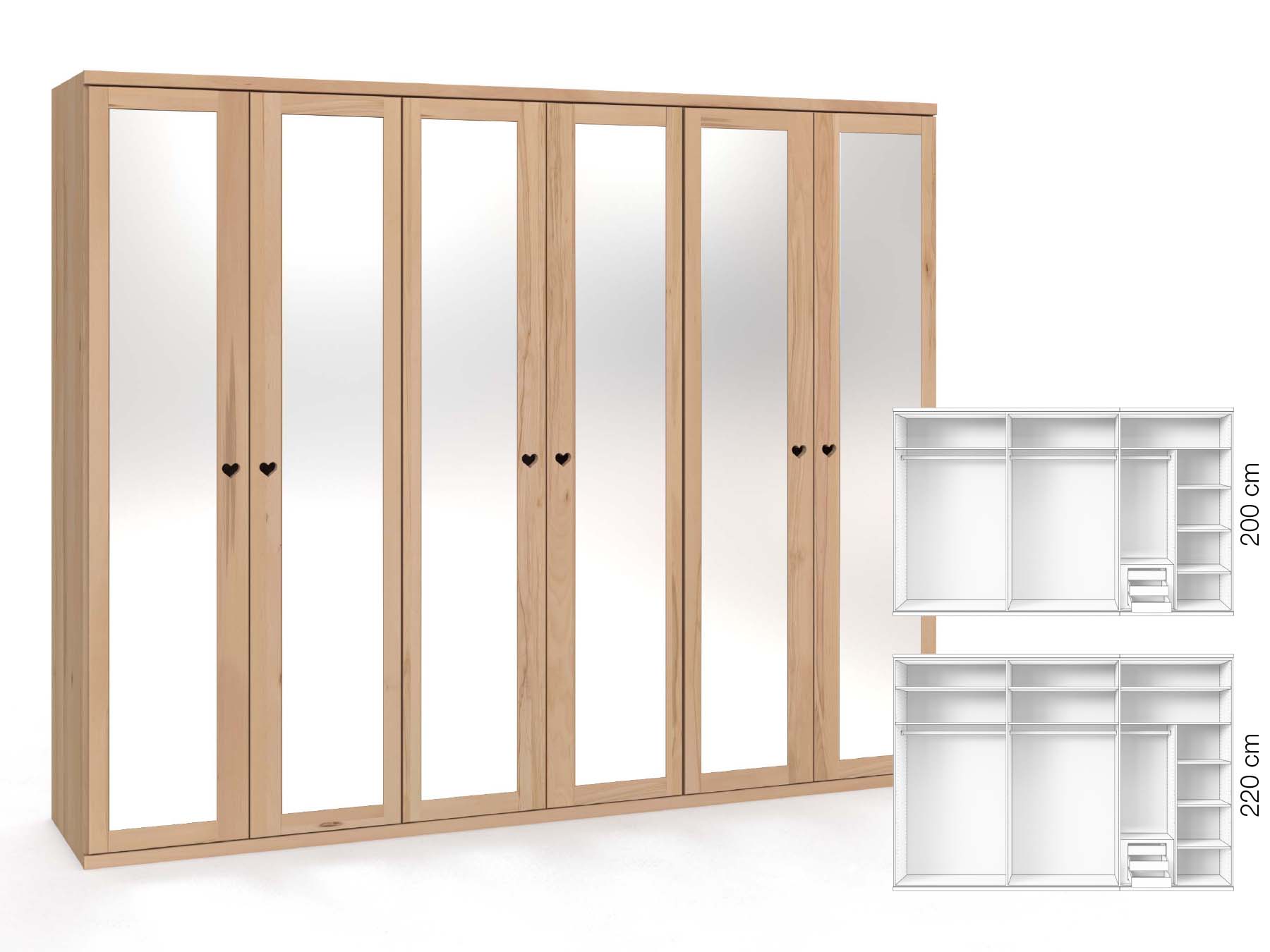 Buchenschrank „Sandra“, 6-türig, Höhe 220 cm, Griffausführung „Heidi“, Inneneinrichtung: C