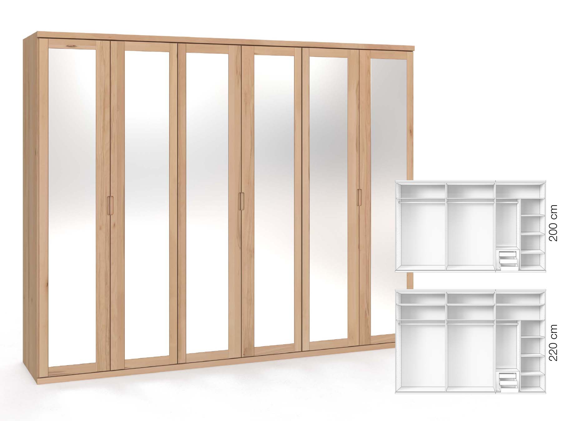 Buchenschrank „Sandra“, 6-türig, Höhe 220 cm, Griffausführung „Lukas“, Inneneinrichtung: C