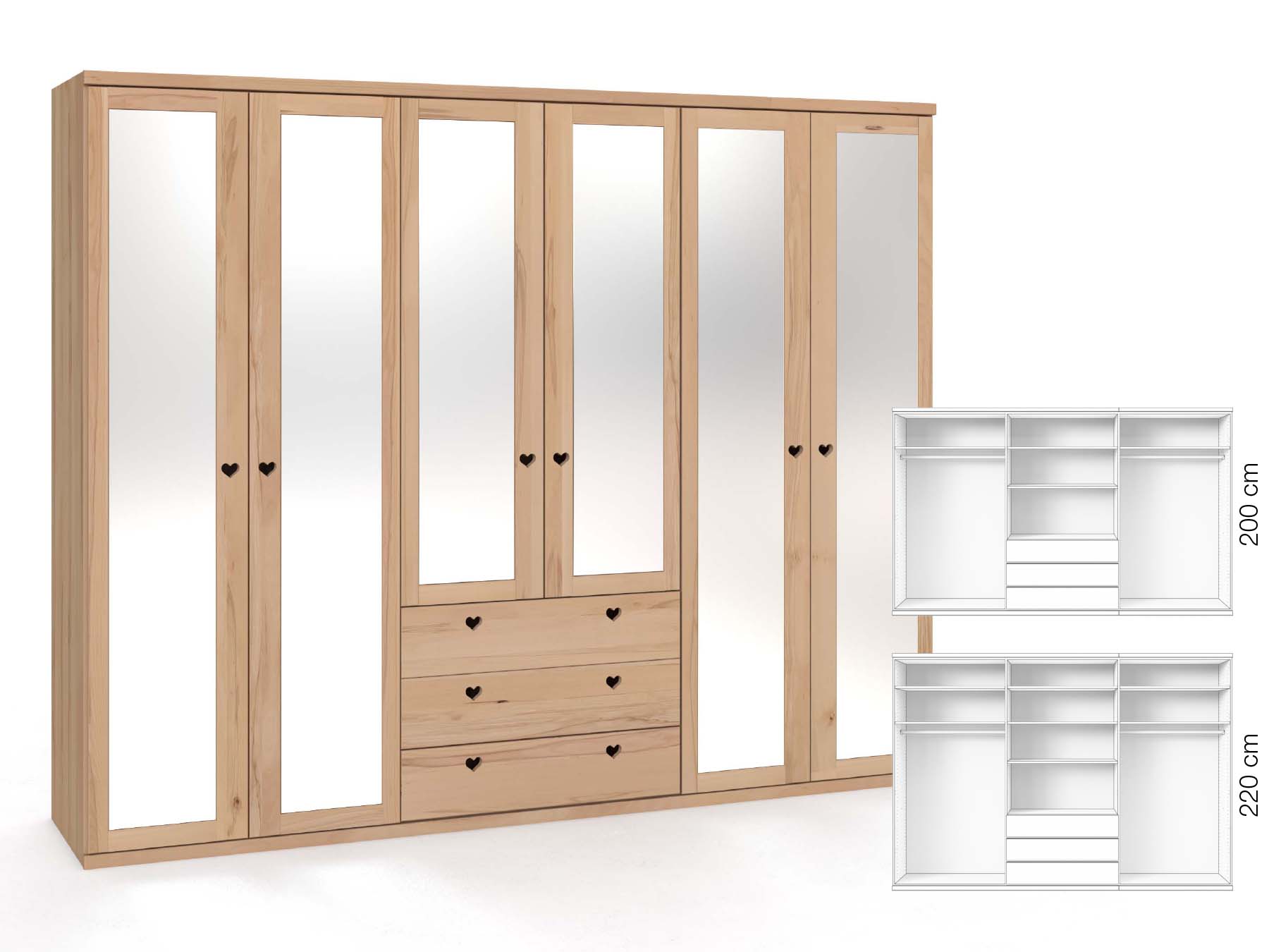 Buchenschrank „Sandra“, 6-türig, Höhe 220 cm, Griffausführung „Heidi“, Inneneinrichtung: D