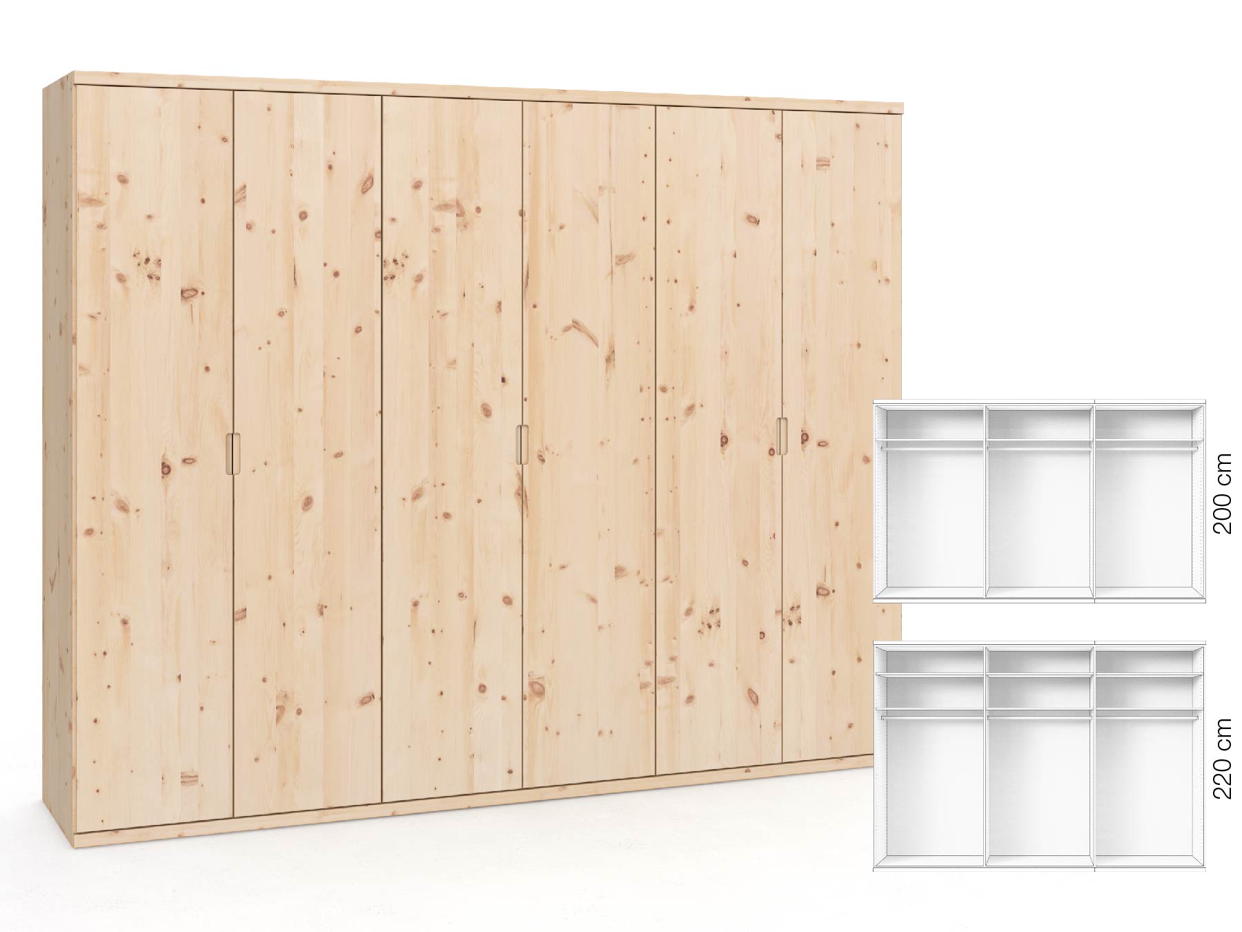 Zirbenschrank „Romana“, 6-türig, Höhe 220 cm, Griffausführung „Lukas“, Inneneinrichtung: A