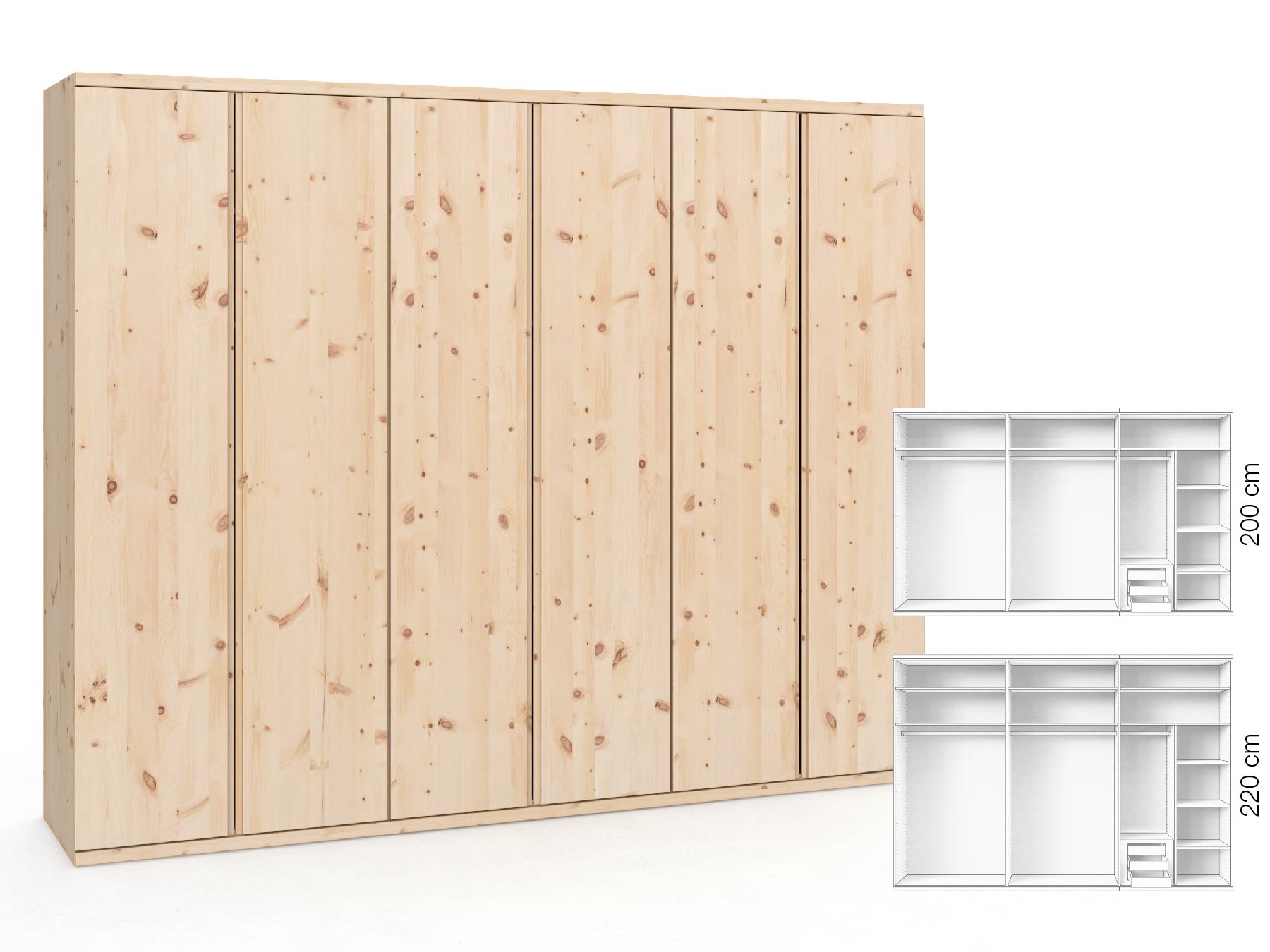 Zirbenschrank „Romana“, 6-türig, Höhe 220 cm, Griffausführung „Patrizia“, Inneneinrichtung: C