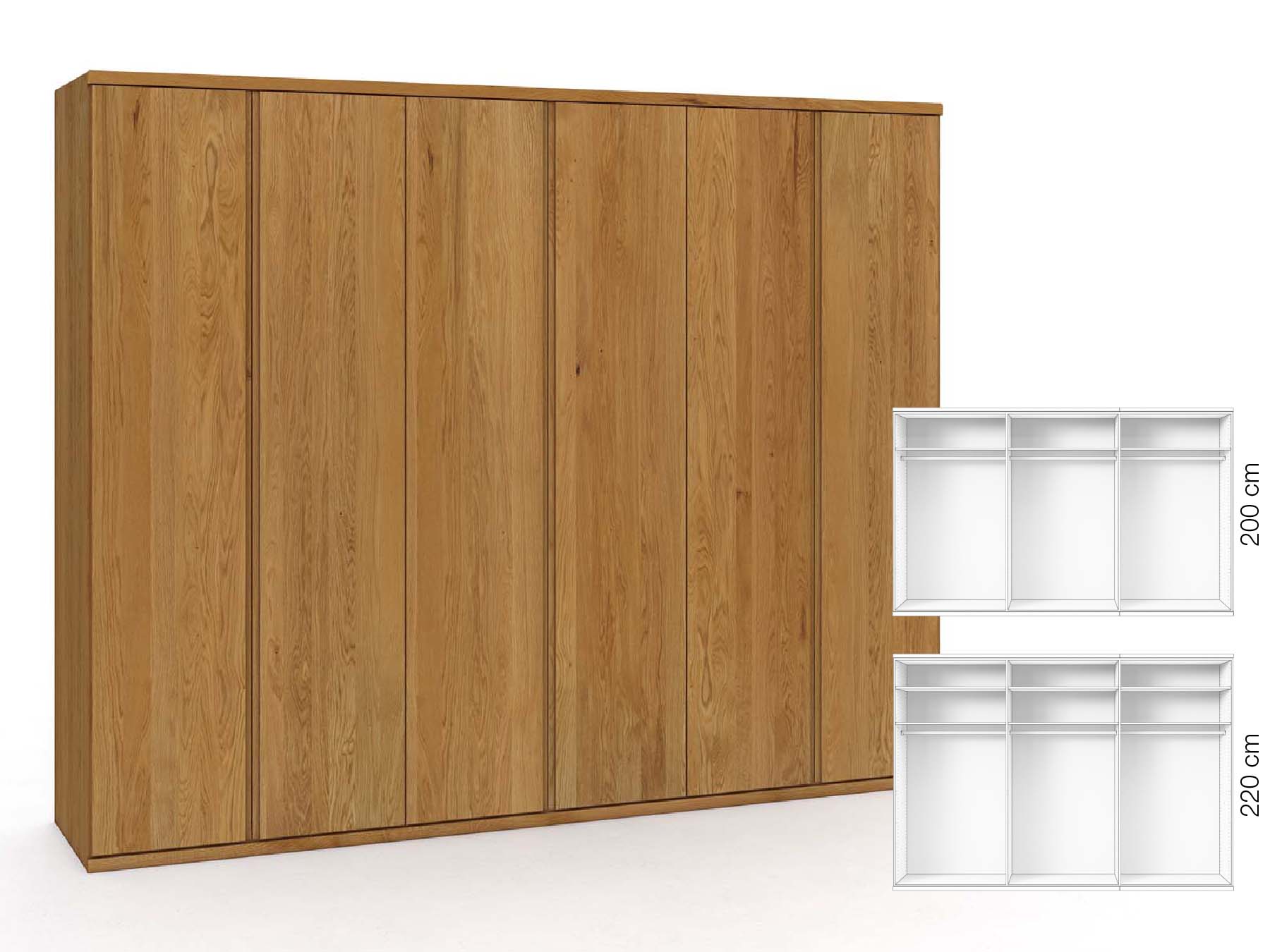 Eichenschrank „Valentin“, 6-türig, Höhe 220 cm, Griffausführung „Patrizia“, Inneneinrichtung: A