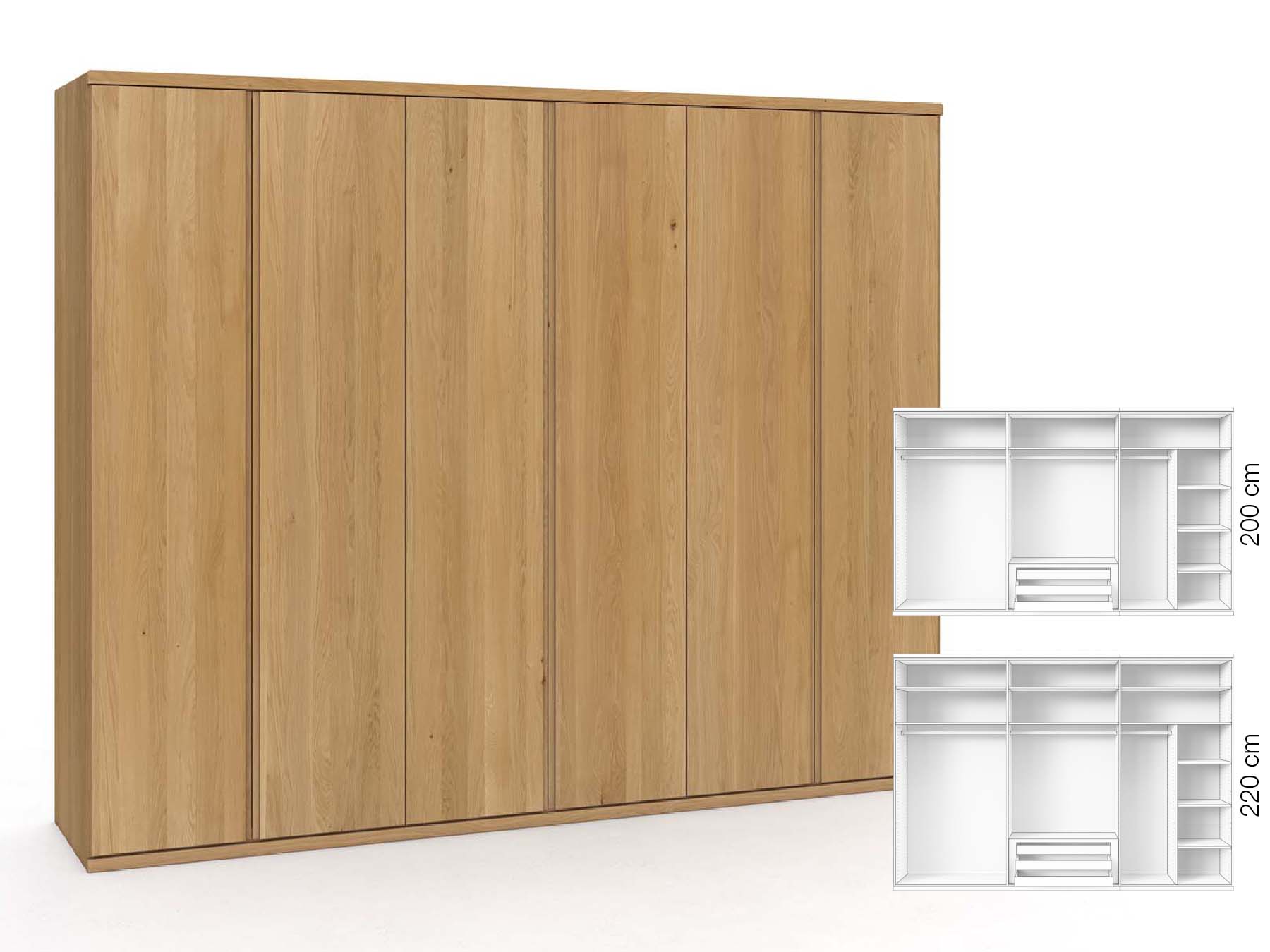 Eichenschrank Hell „Valentin“, 6-türig, Höhe 220 cm, Griffausführung „Patrizia“, Inneneinrichtung: B