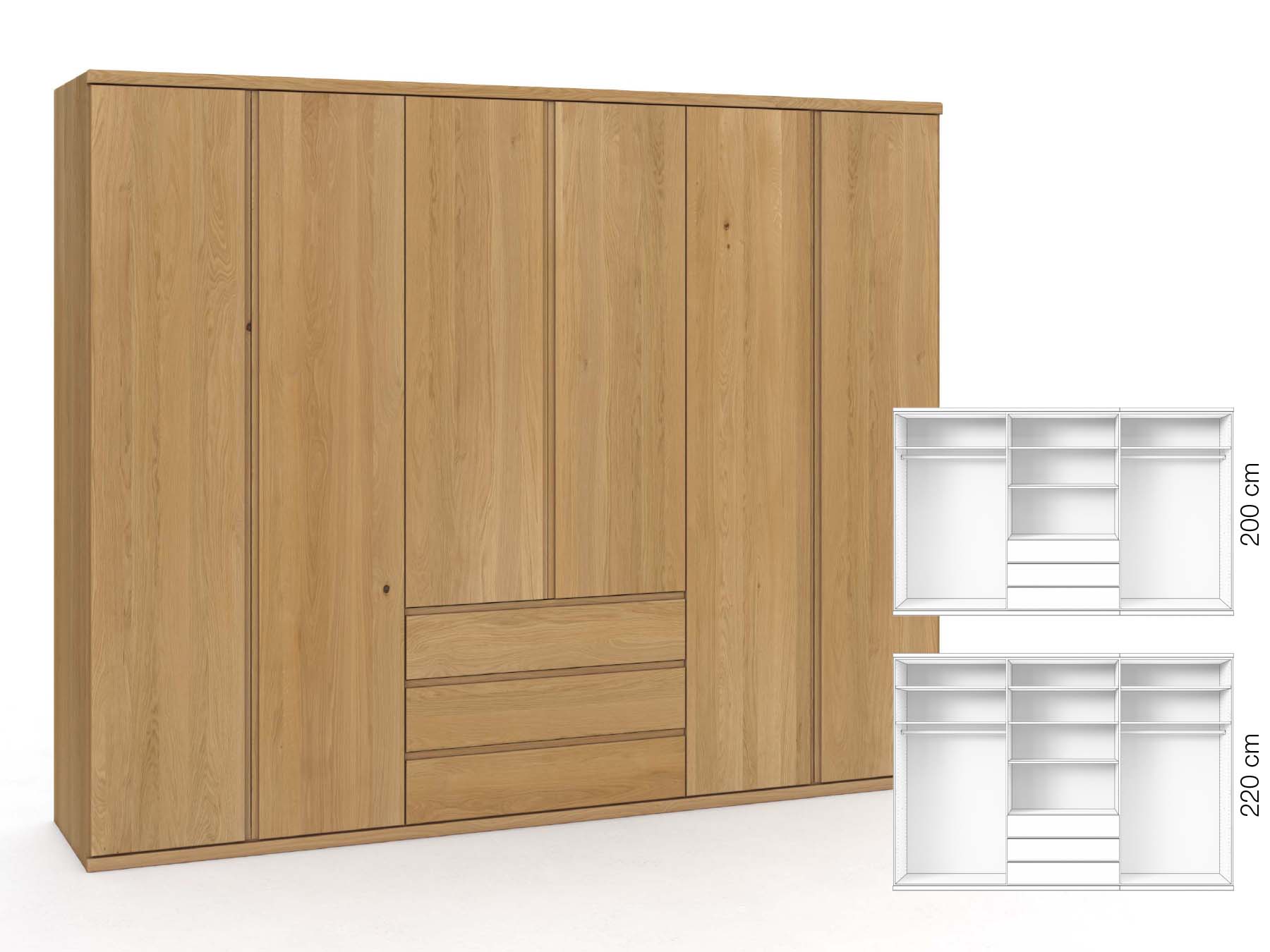 Eichenschrank Hell „Valentin“, 6-türig, Höhe 220 cm, Griffausführung „Patrizia“, Inneneinrichtung: D