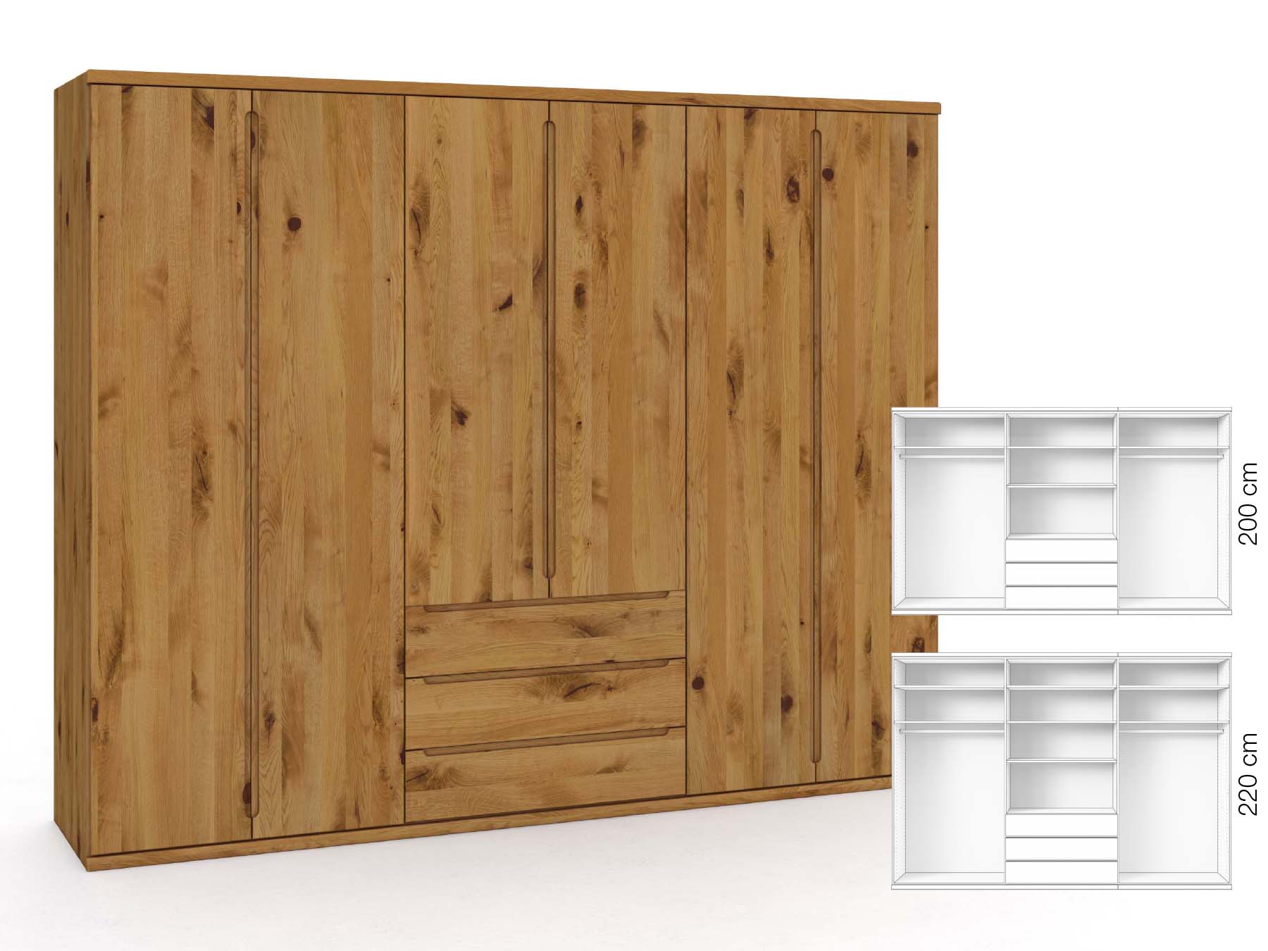 Wildeichenschrank „Valentin“, 6-türig, Höhe 220 cm, Griffausführung „Lukas“, Inneneinrichtung: D