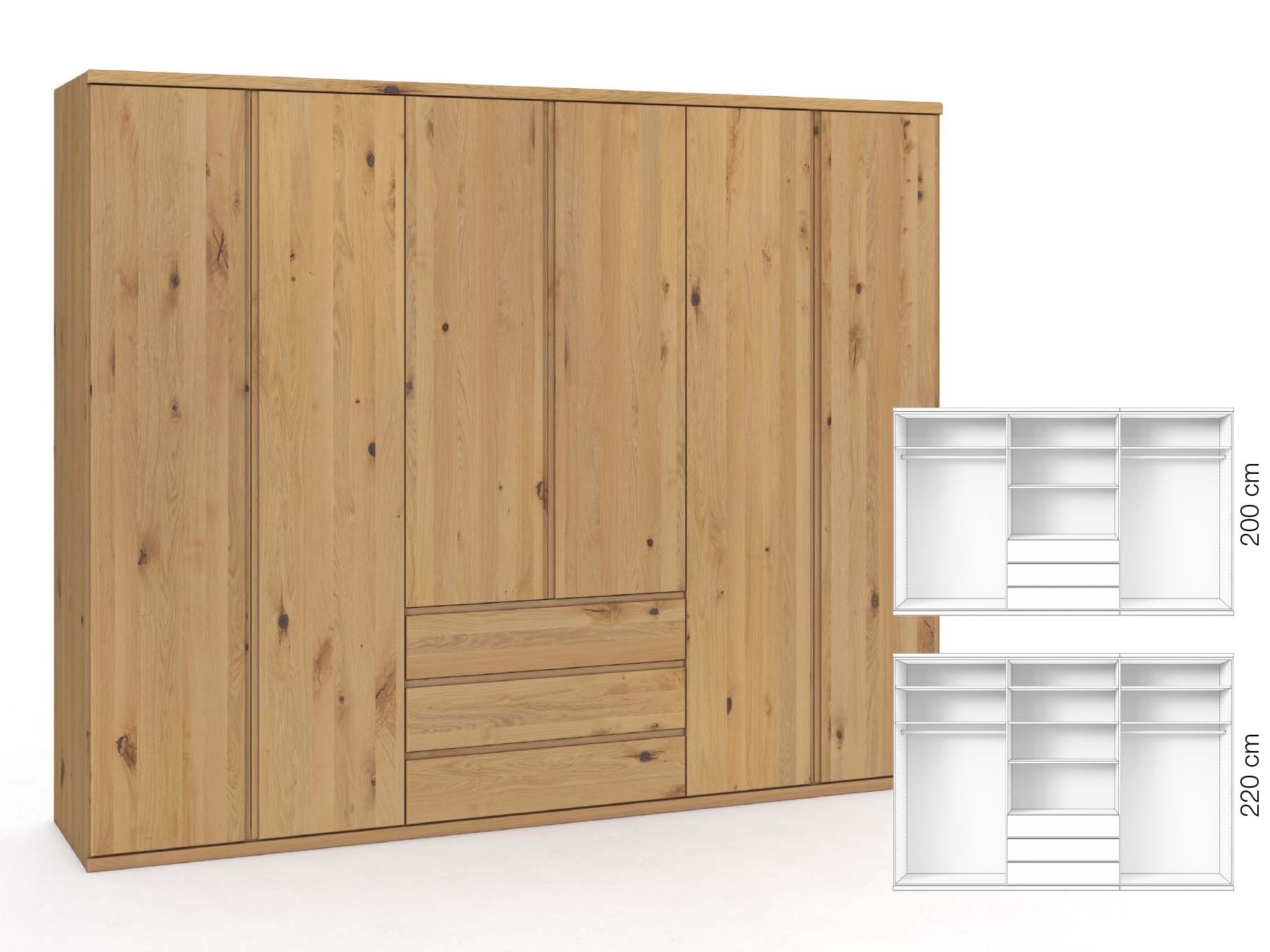Wildeichenschrank Hell „Valentin“, 6-türig, Höhe 220 cm, Griffausführung „Patrizia“, Inneneinrichtung: D