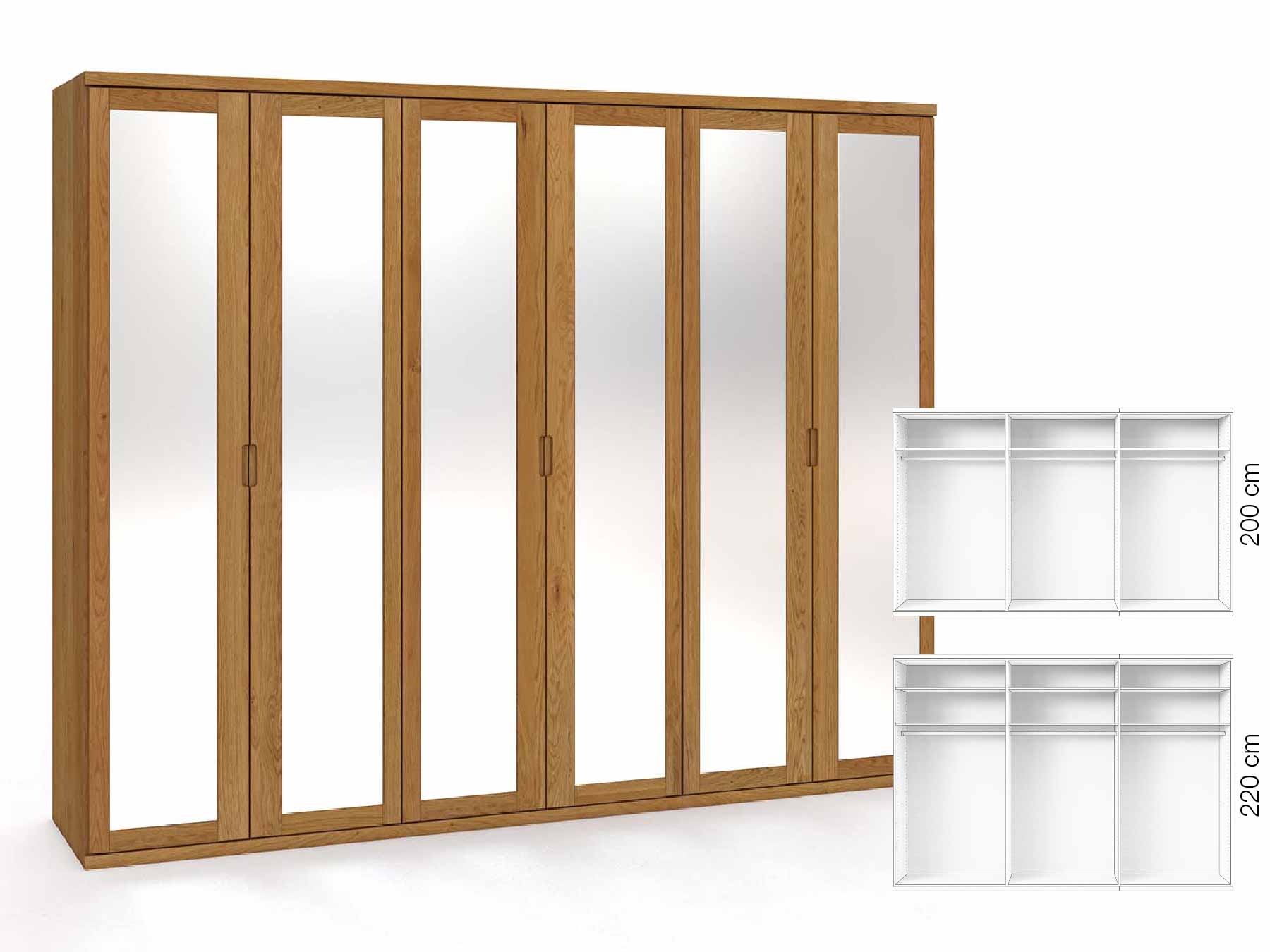 Eichenschrank „Sandra“, 6-türig, Höhe 220 cm, Griffausführung „Lukas“, Inneneinrichtung: A