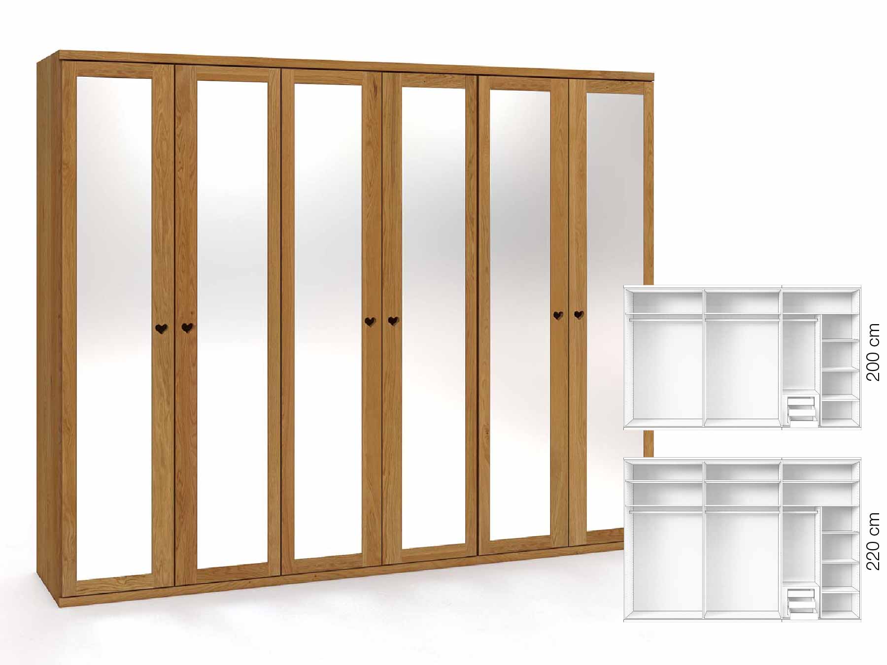 Eichenschrank „Sandra“, 6-türig, Höhe 220 cm, Griffausführung „Heidi“, Inneneinrichtung: C