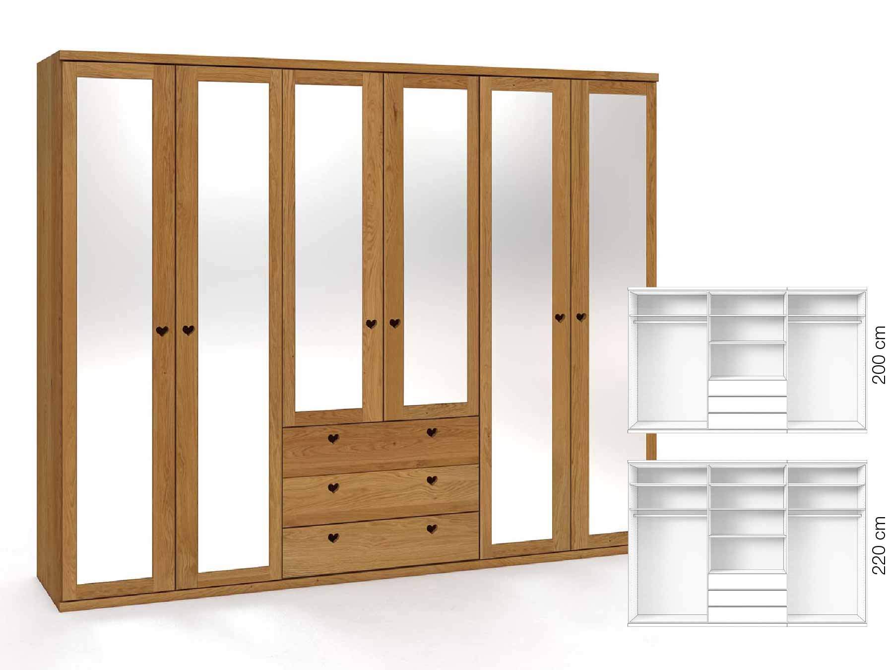 Eichenschrank „Sandra“, 6-türig, Höhe 220 cm, Griffausführung „Heidi“, Inneneinrichtung: D