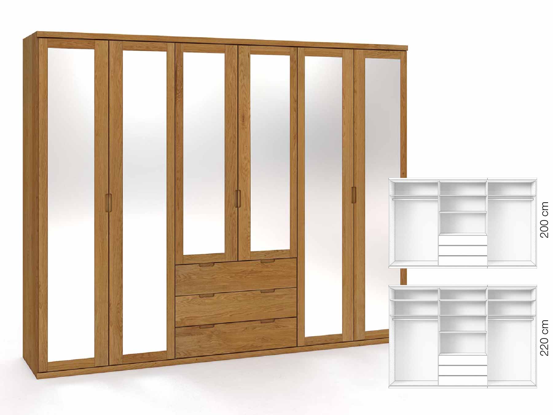 Eichenschrank „Sandra“, 6-türig, Höhe 220 cm, Griffausführung „Lukas“, Inneneinrichtung: D