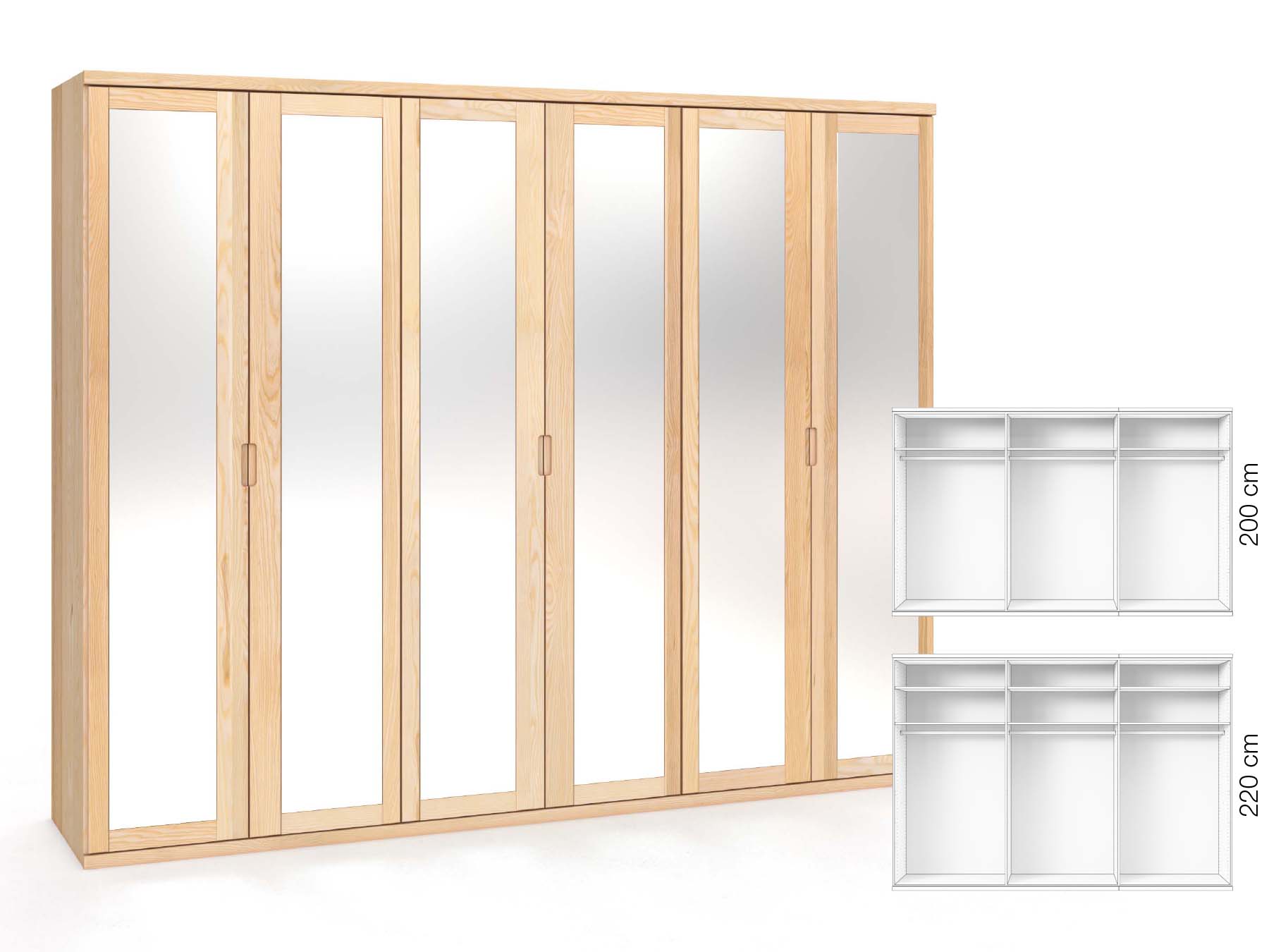 Eschenschrank „Sandra“, 6-türig, Höhe 220 cm, Griffausführung „Lukas“, Inneneinrichtung: A