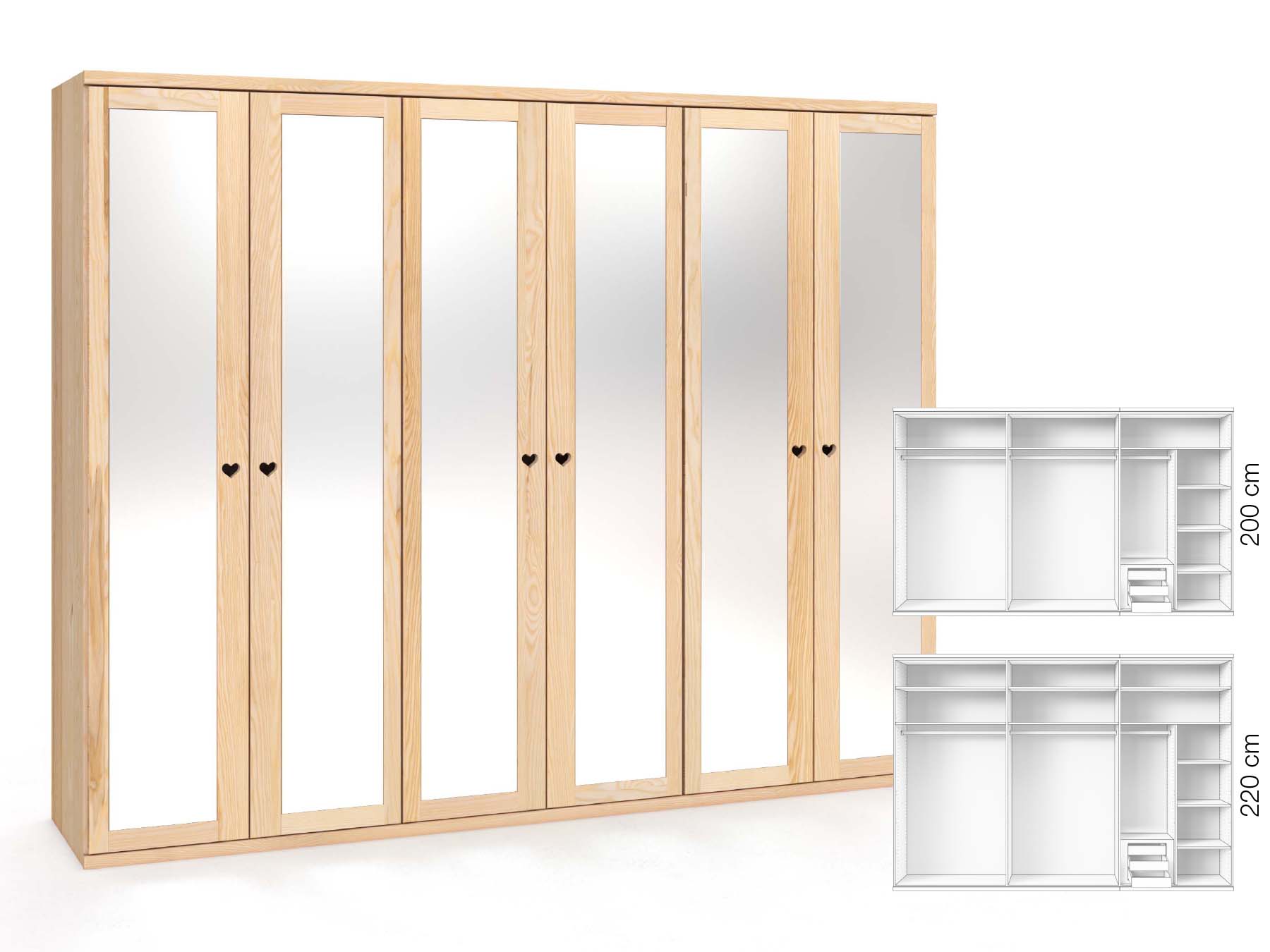 Eschenschrank „Sandra“, 6-türig, Höhe 220 cm, Griffausführung „Heidi“, Inneneinrichtung: C