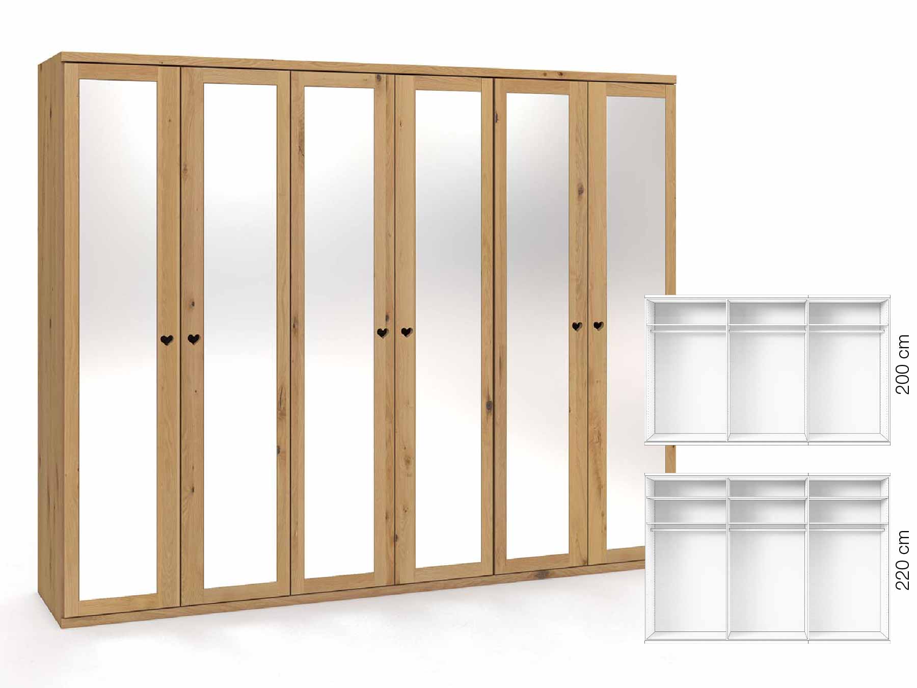 Wildeichenschrank Hell „Sandra“, 6-türig, Höhe 220 cm, Griffausführung „Heidi“, Inneneinrichtung: A