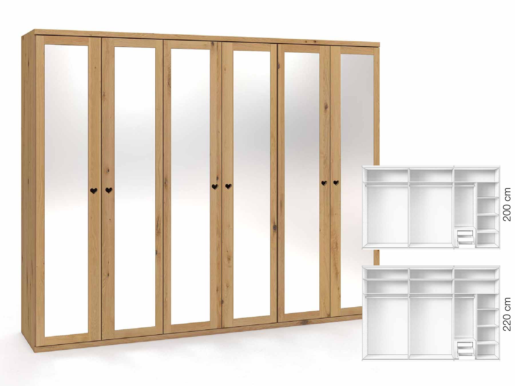 Wildeichenschrank Hell „Sandra“, 6-türig, Höhe 220 cm, Griffausführung „Heidi“, Inneneinrichtung: C