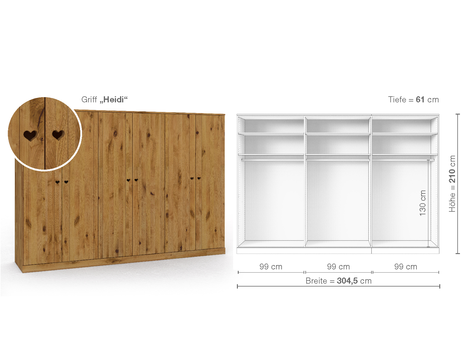 Wildeichenschrank „Arnika“, 6-türig, Höhe 210 cm, Griffausführung „Heidi“, Inneneinrichtung A