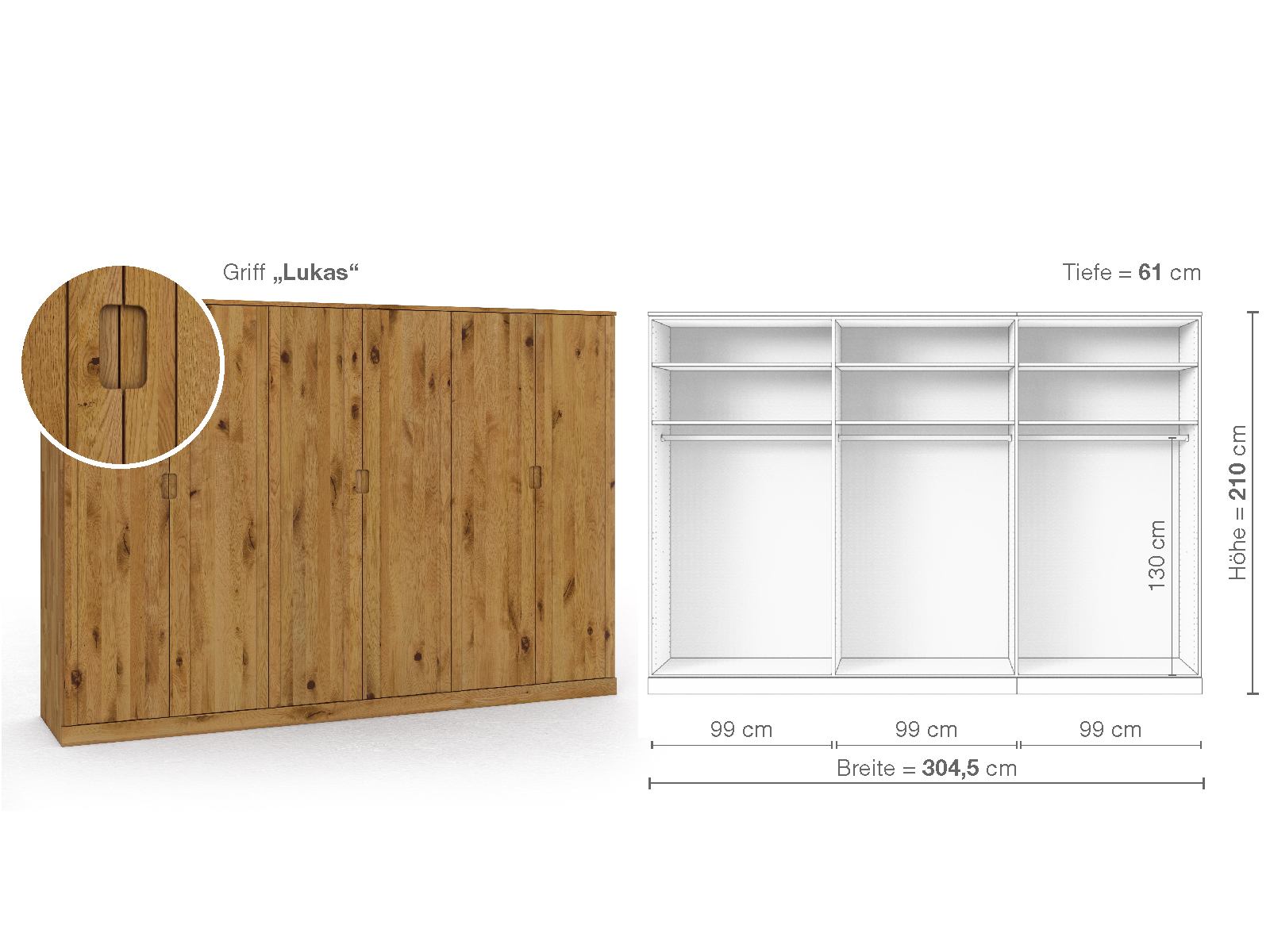 Wildeichenschrank „Arnika“, 6-türig, Höhe 210 cm, Griffausführung „Lukas“, Inneneinrichtung A