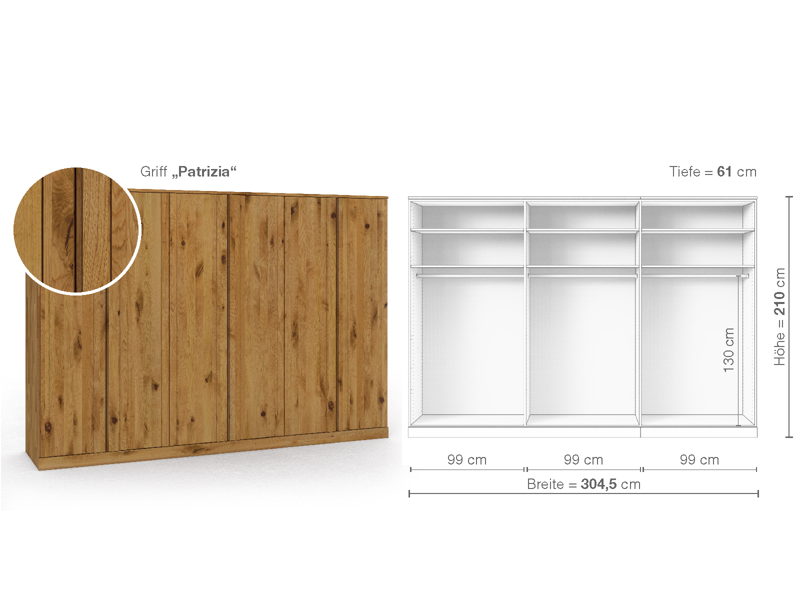 Wildeichenschrank „Arnika“, 6-türig, Höhe 210 cm, Griffausführung „Patrizia“, Inneneinrichtung A