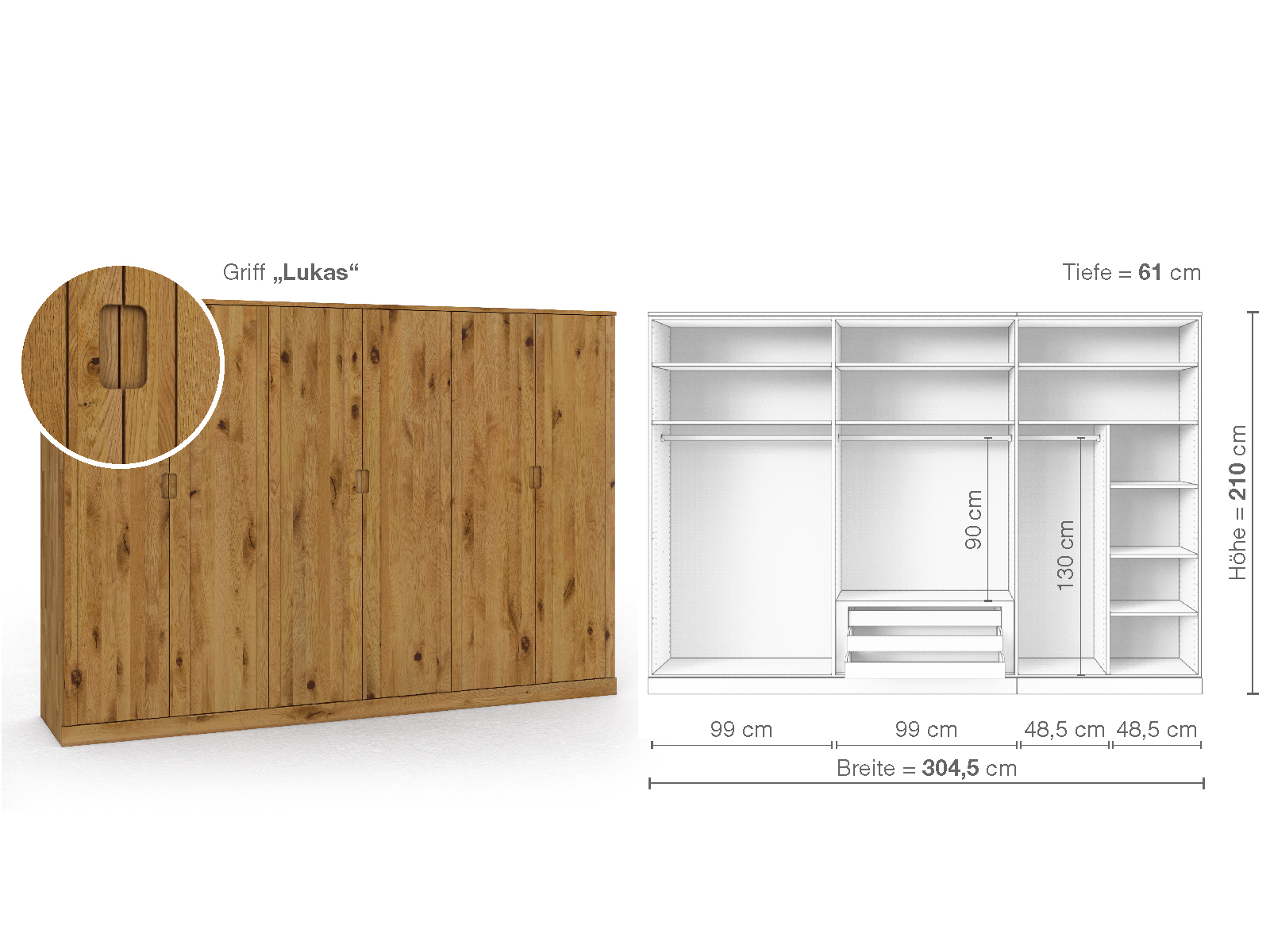 Wildeichenschrank „Arnika“, 6-türig, Höhe 210 cm, Griffausführung „Lukas“, Inneneinrichtung B