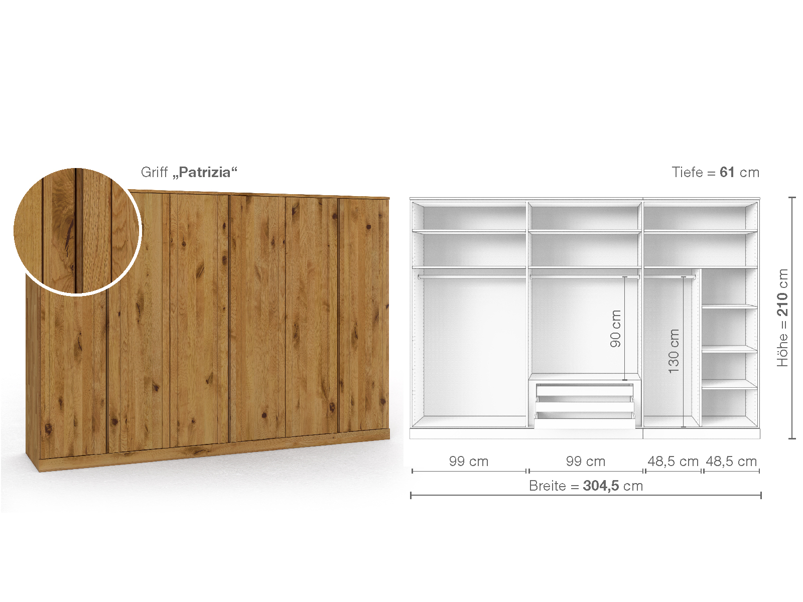 Wildeichenschrank „Arnika“, 6-türig, Höhe 210 cm, Griffausführung „Patrizia“, Inneneinrichtung B