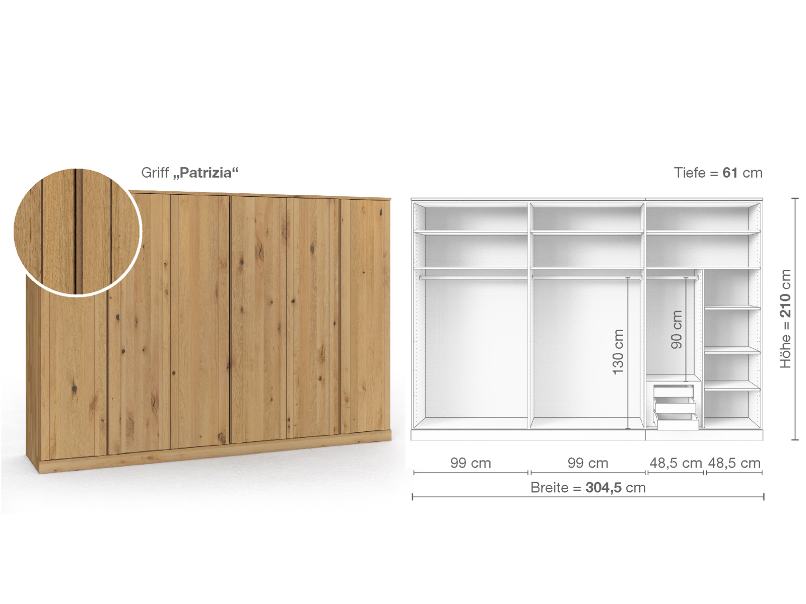 Wildeichenschrank Hell „Arnika“, 6-türig, Höhe 210 cm, Griffausführung „Patrizia“, Inneneinrichtung C