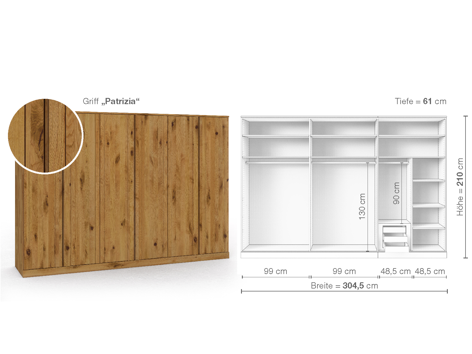 Wildeichenschrank „Arnika“, 6-türig, Höhe 210 cm, Griffausführung „Patrizia“, Inneneinrichtung C