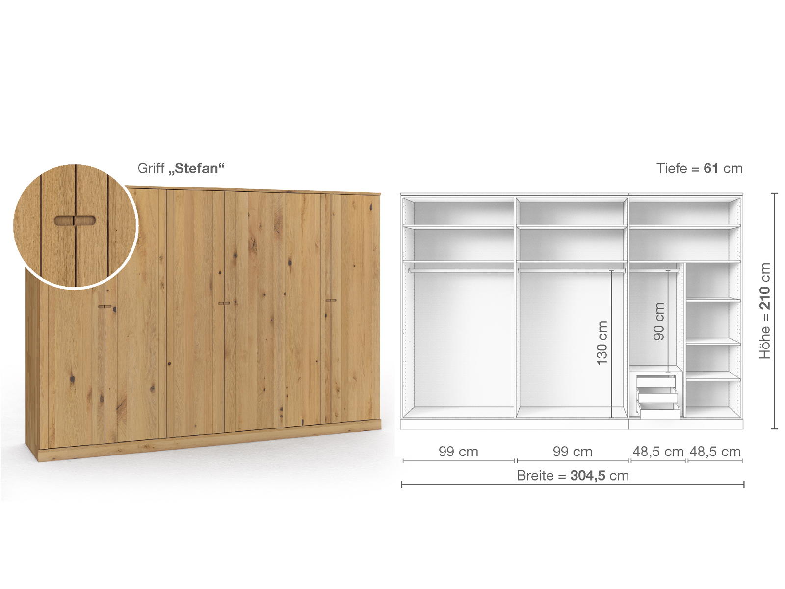 Wildeichenschrank Hell „Arnika“, 6-türig, Höhe 210 cm, Griffausführung „Stefan“, Inneneinrichtung C