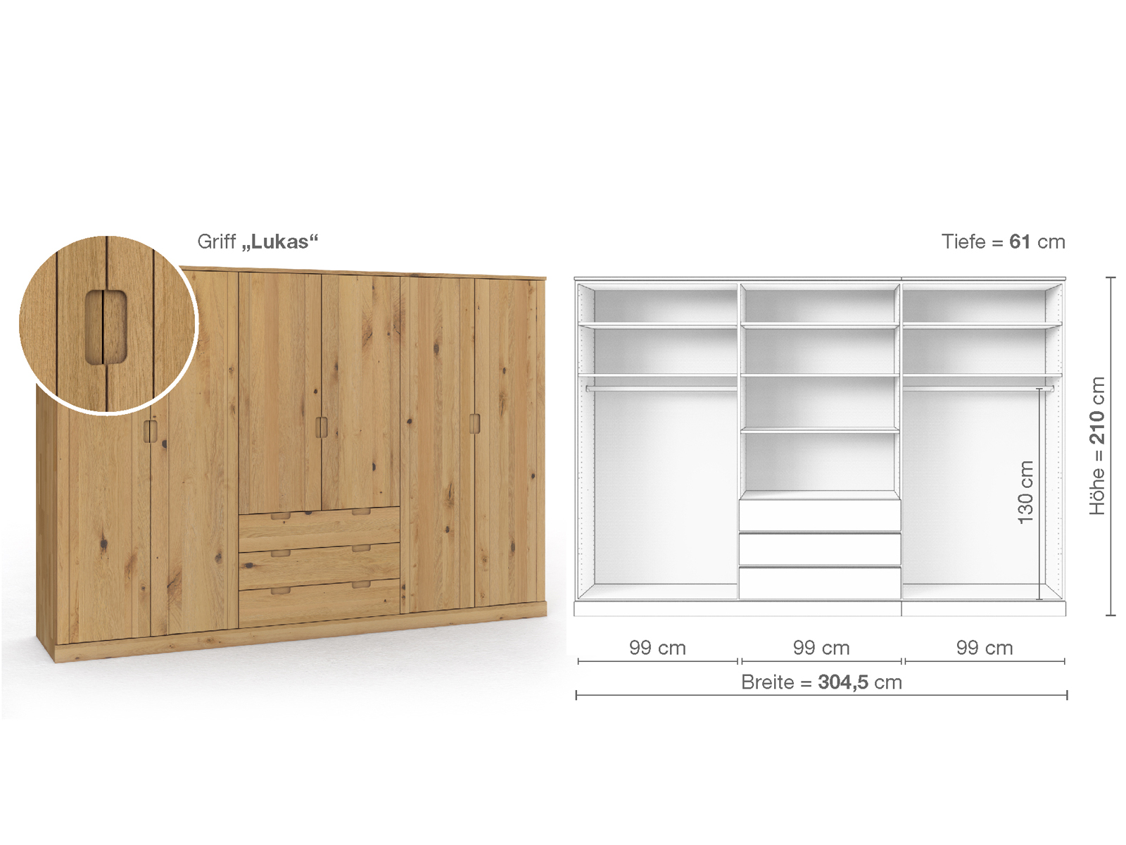 Wildeichenschrank Hell „Arnika“, 6-türig, Höhe 210 cm, Griffausführung „Lukas“, Inneneinrichtung D