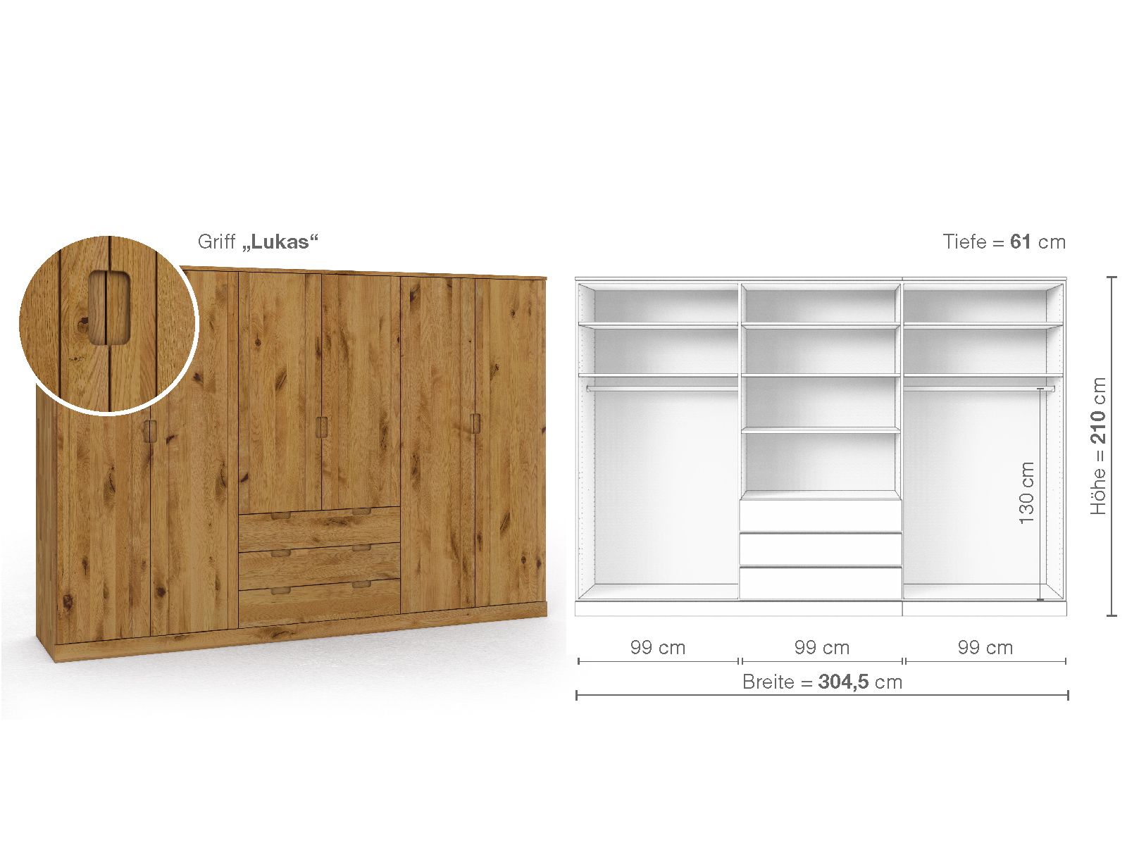 Wildeichenschrank „Arnika“, 6-türig, Höhe 210 cm, Griffausführung „Lukas“, Inneneinrichtung D