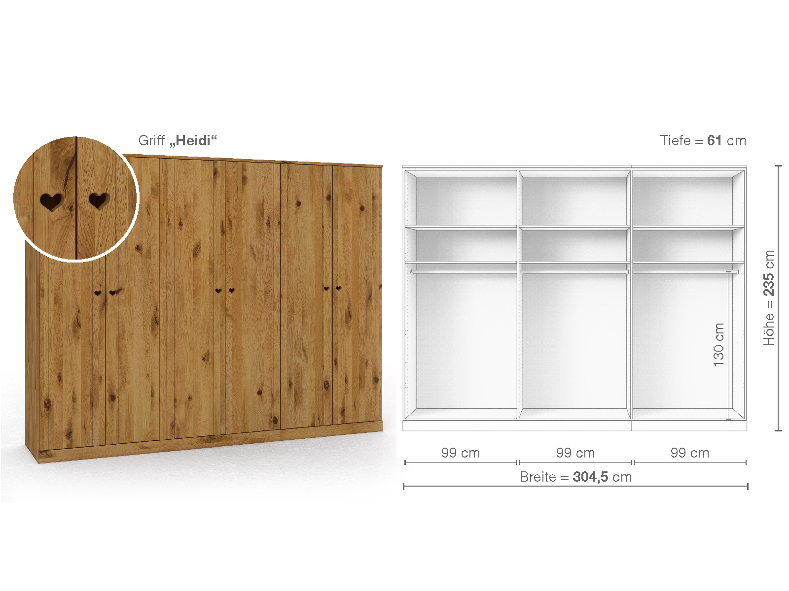 Wildeichenschrank „Arnika“, 6-türig, Höhe 235 cm, Griffausführung „Heidi“, Inneneinrichtung A