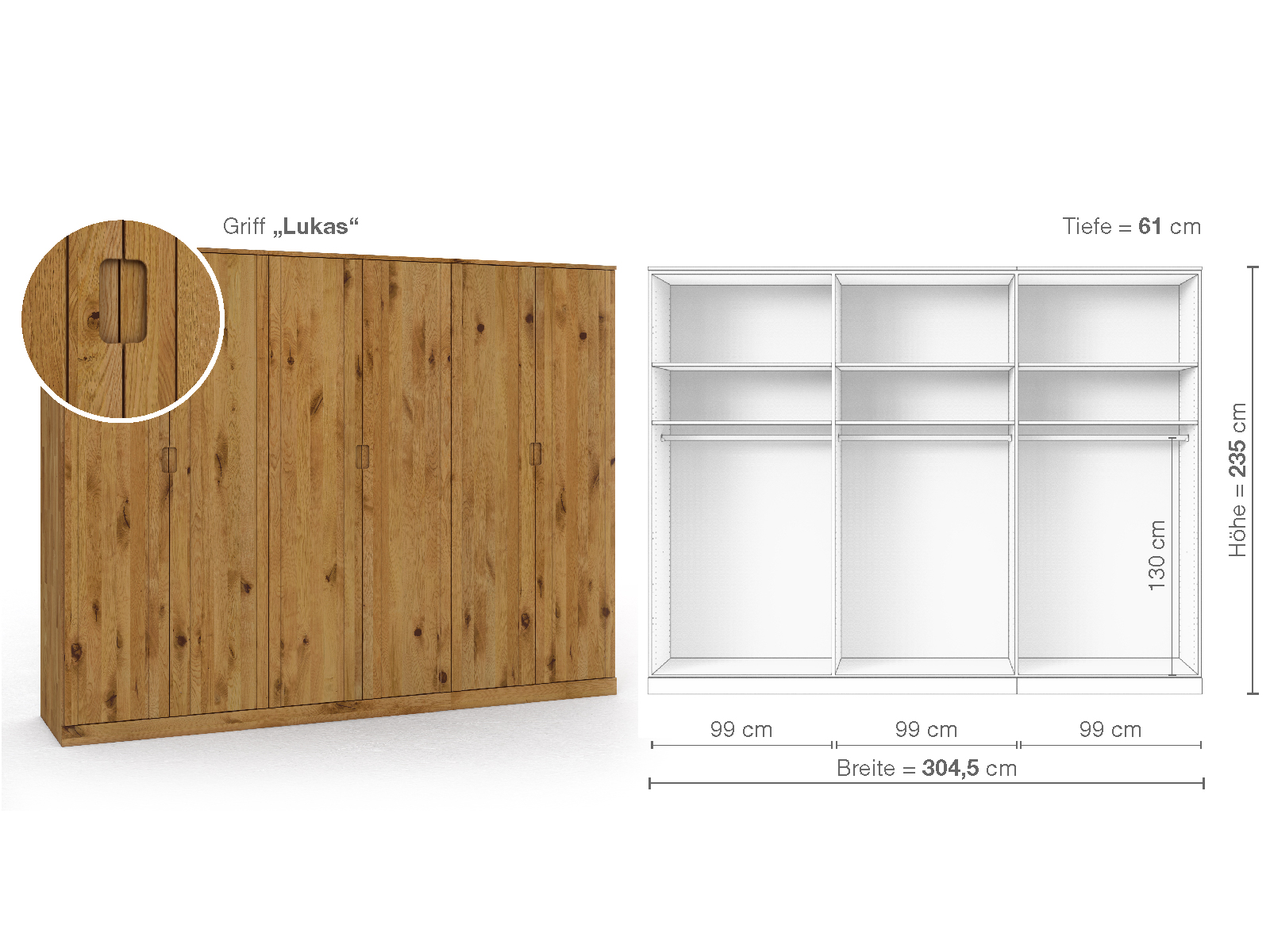 Wildeichenschrank „Arnika“, 6-türig, Höhe 235 cm, Griffausführung „Lukas“, Inneneinrichtung A