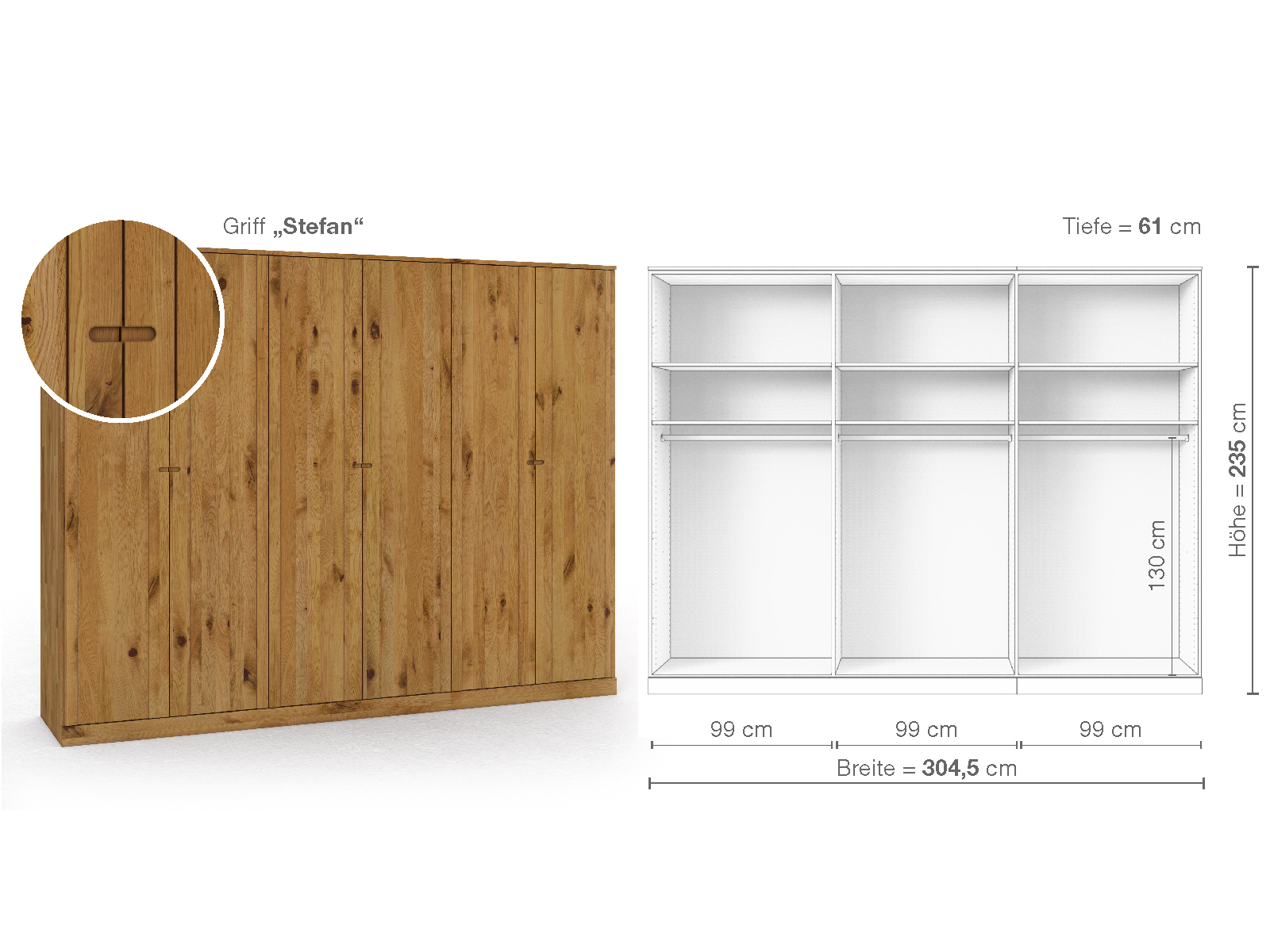 Wildeichenschrank „Arnika“, 6-türig, Höhe 235 cm, Griffausführung „Stefan“, Inneneinrichtung A