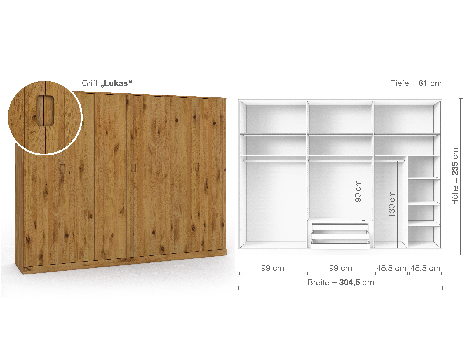 Wildeichenschrank „Arnika“, 6-türig, Höhe 235 cm, Griffausführung „Lukas“, Inneneinrichtung B