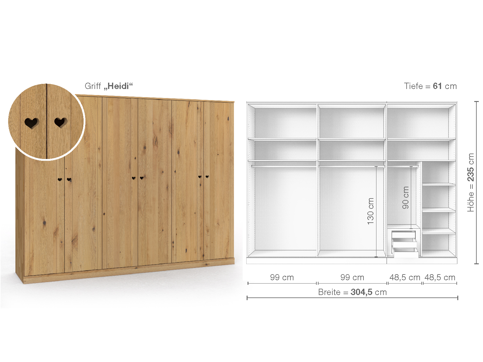 Wildeichenschrank Hell „Arnika“, 6-türig, Höhe 235 cm, Griffausführung „Heidi“, Inneneinrichtung C