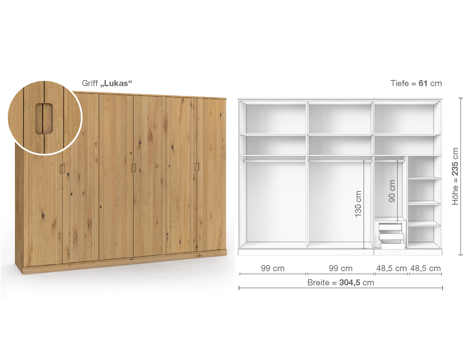 Wildeichenschrank Hell „Arnika“, 6-türig, Höhe 235 cm, Griffausführung „Lukas“, Inneneinrichtung C