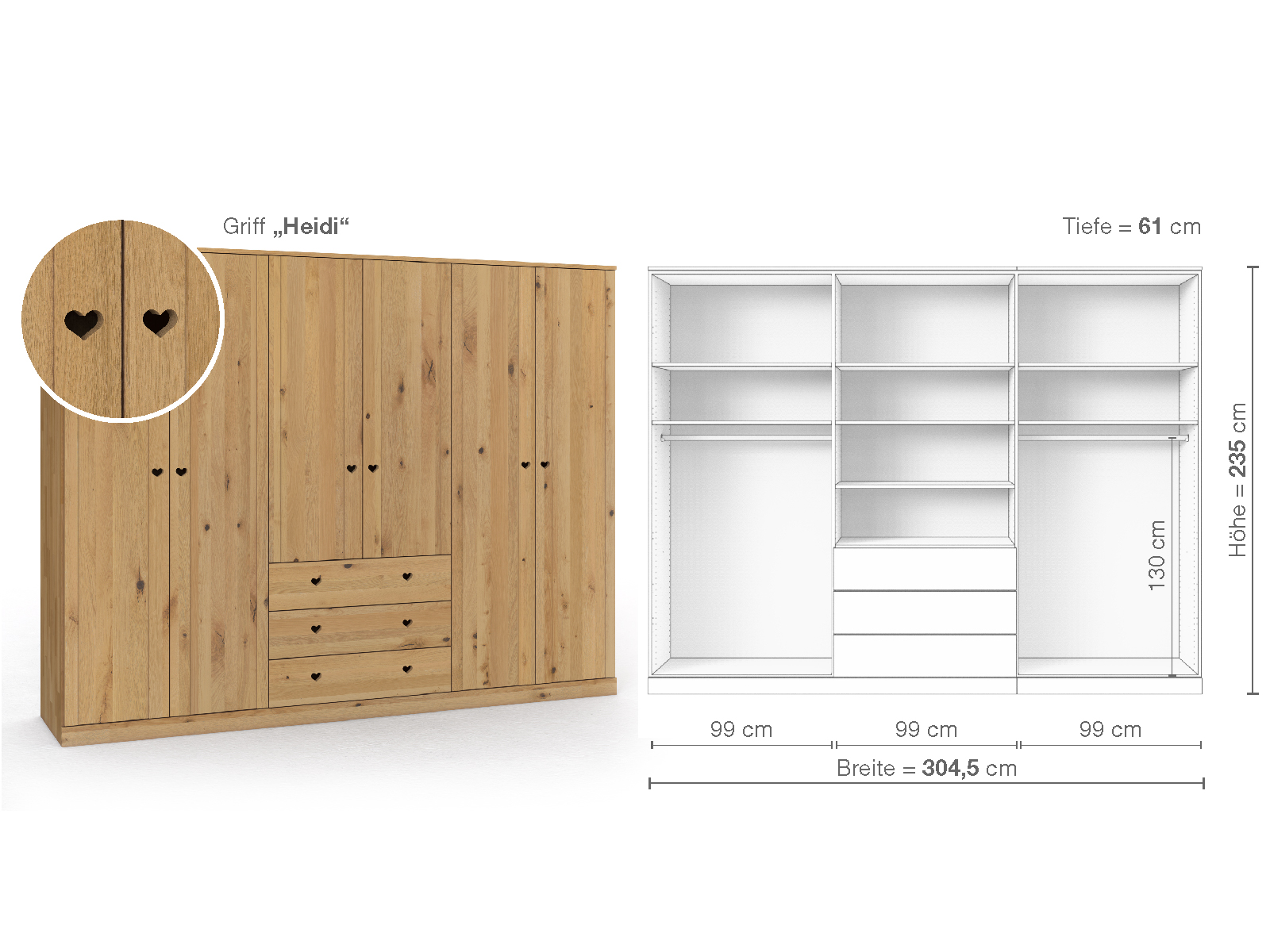 Wildeichenschrank Hell „Arnika“, 6-türig, Höhe 235 cm, Griffausführung „Heidi“, Inneneinrichtung D