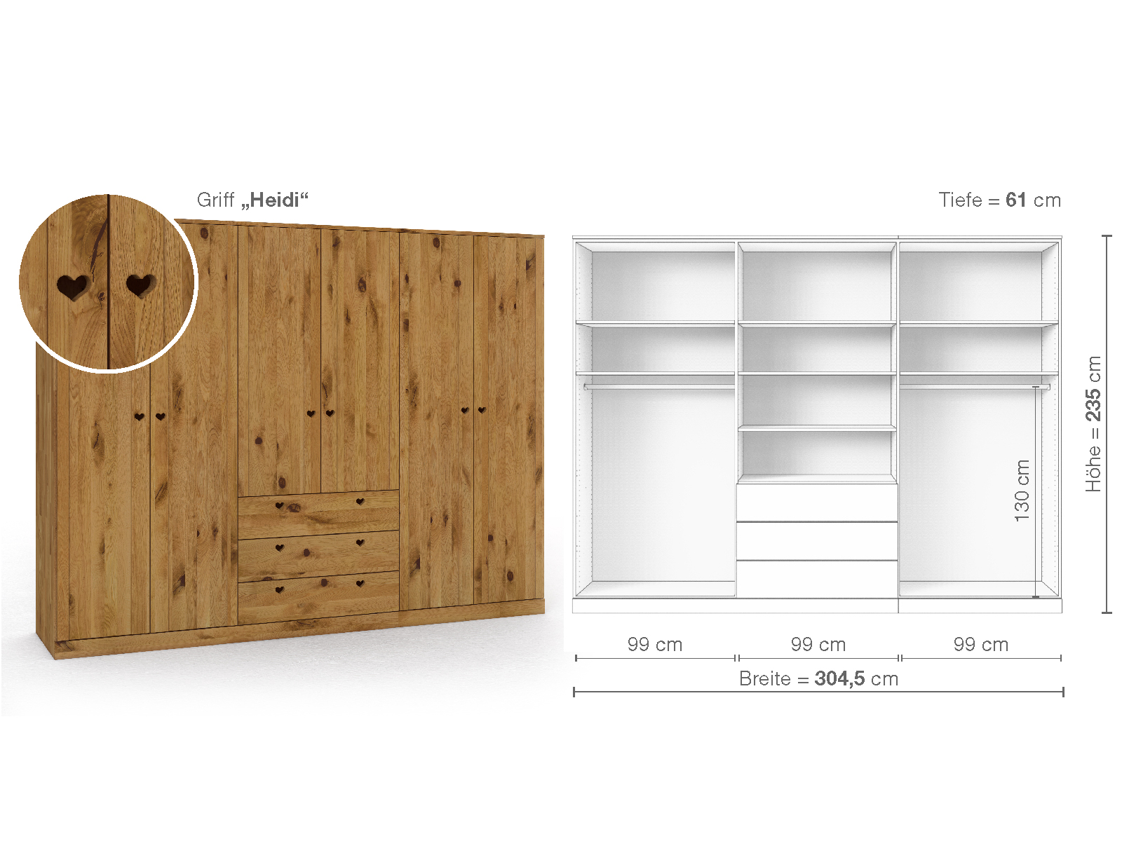 Wildeichenschrank „Arnika“, 6-türig, Höhe 235 cm, Griffausführung „Heidi“, Inneneinrichtung D