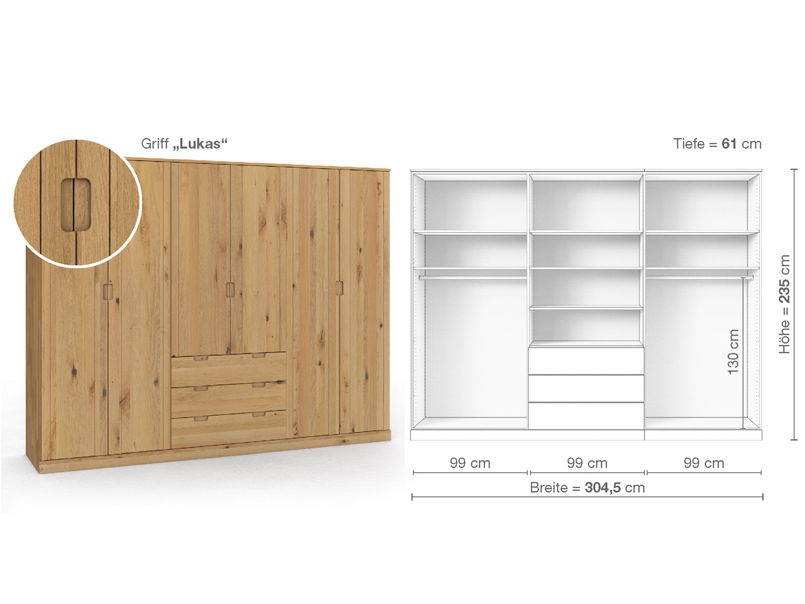 Wildeichenschrank Hell „Arnika“, 6-türig, Höhe 235 cm, Griffausführung „Lukas“, Inneneinrichtung D