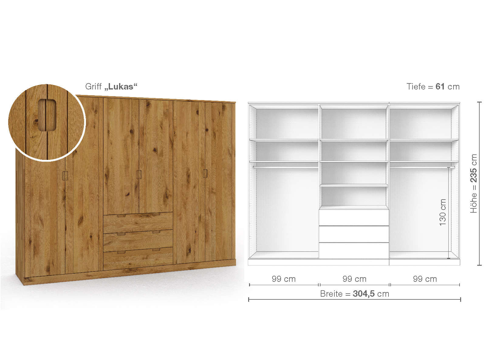 Wildeichenschrank „Arnika“, 6-türig, Höhe 235 cm, Griffausführung „Lukas“, Inneneinrichtung D