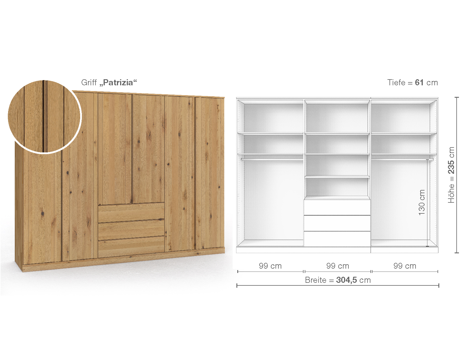 Wildeichenschrank Hell „Arnika“, 6-türig, Höhe 235 cm, Griffausführung „Patrizia“, Inneneinrichtung D