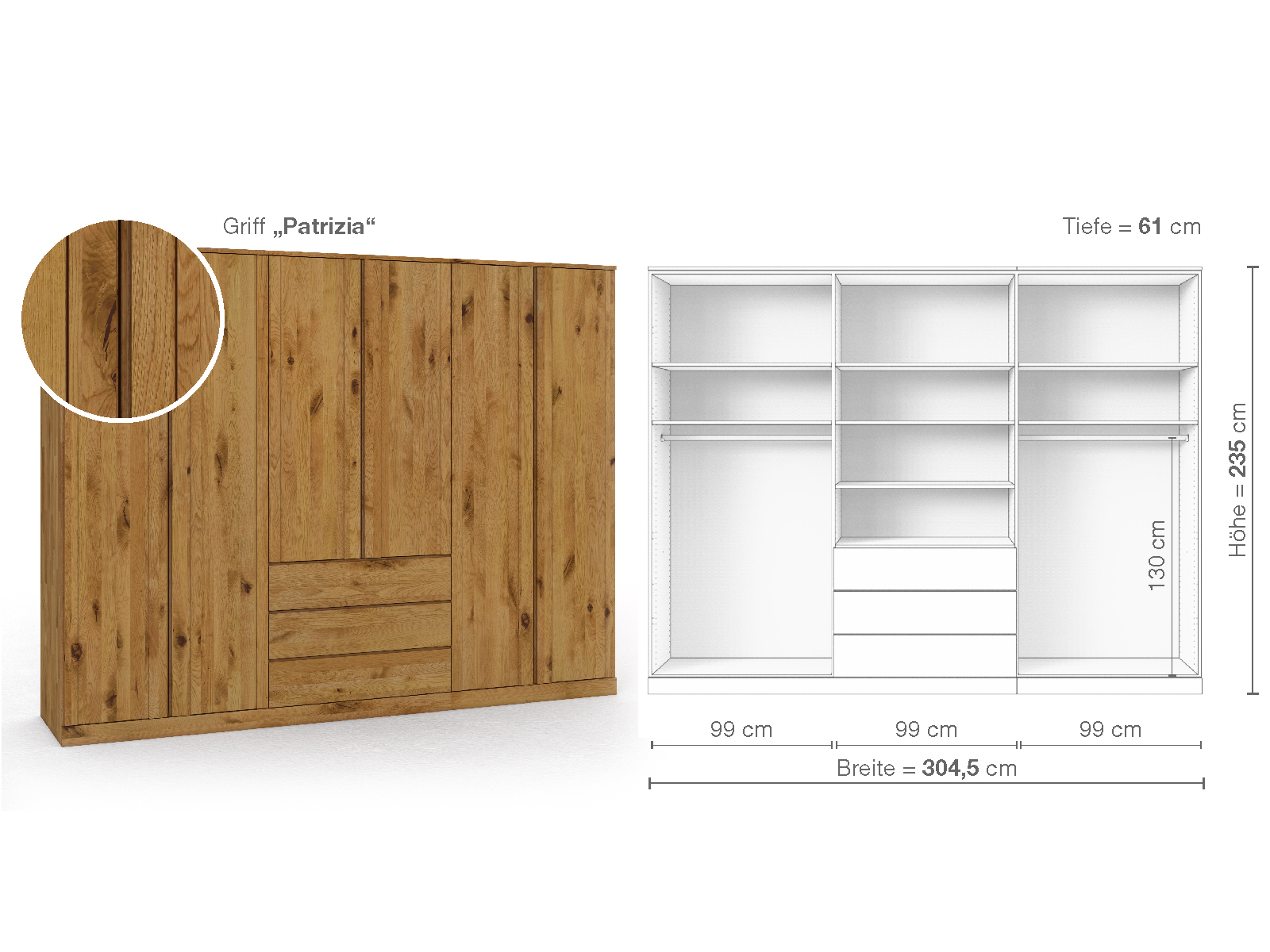 Wildeichenschrank „Arnika“, 6-türig, Höhe 235 cm, Griffausführung „Patrizia“, Inneneinrichtung D