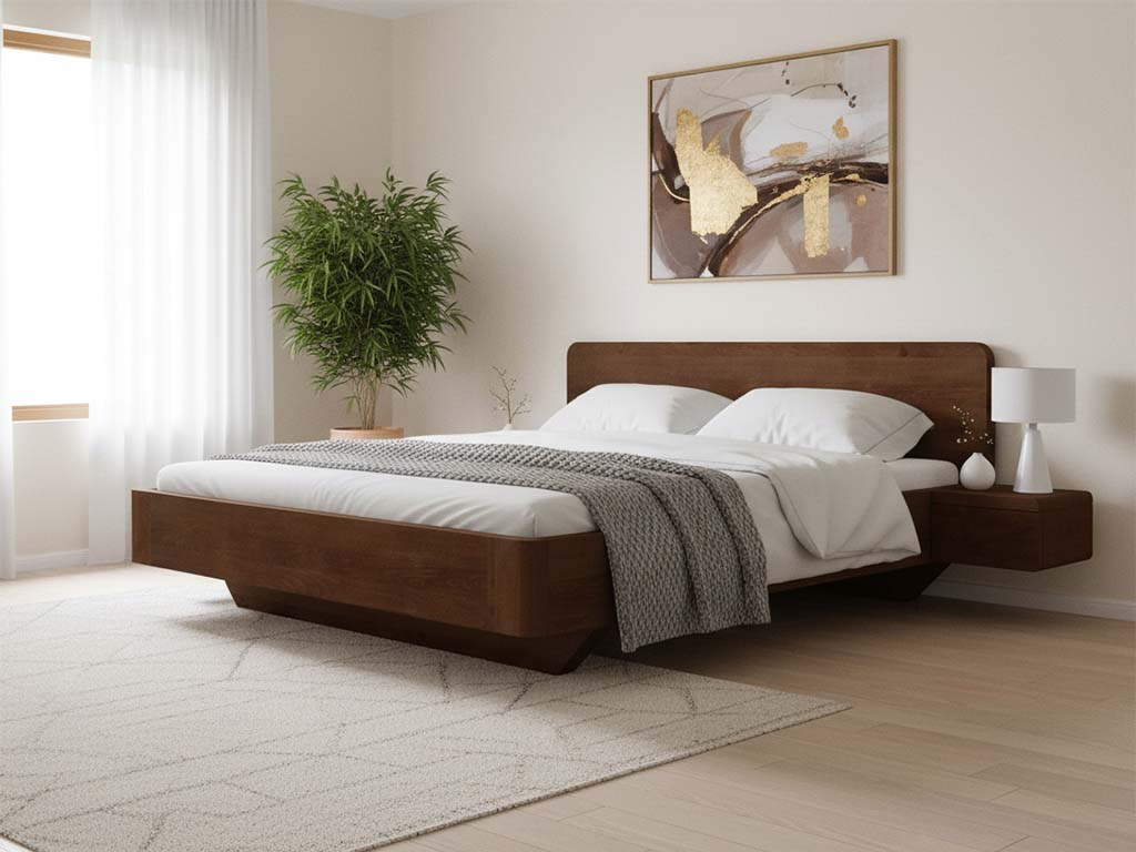 Buchenbett Dunkel „Clara“ mit 2 Nachttischen Griff: Grifflos