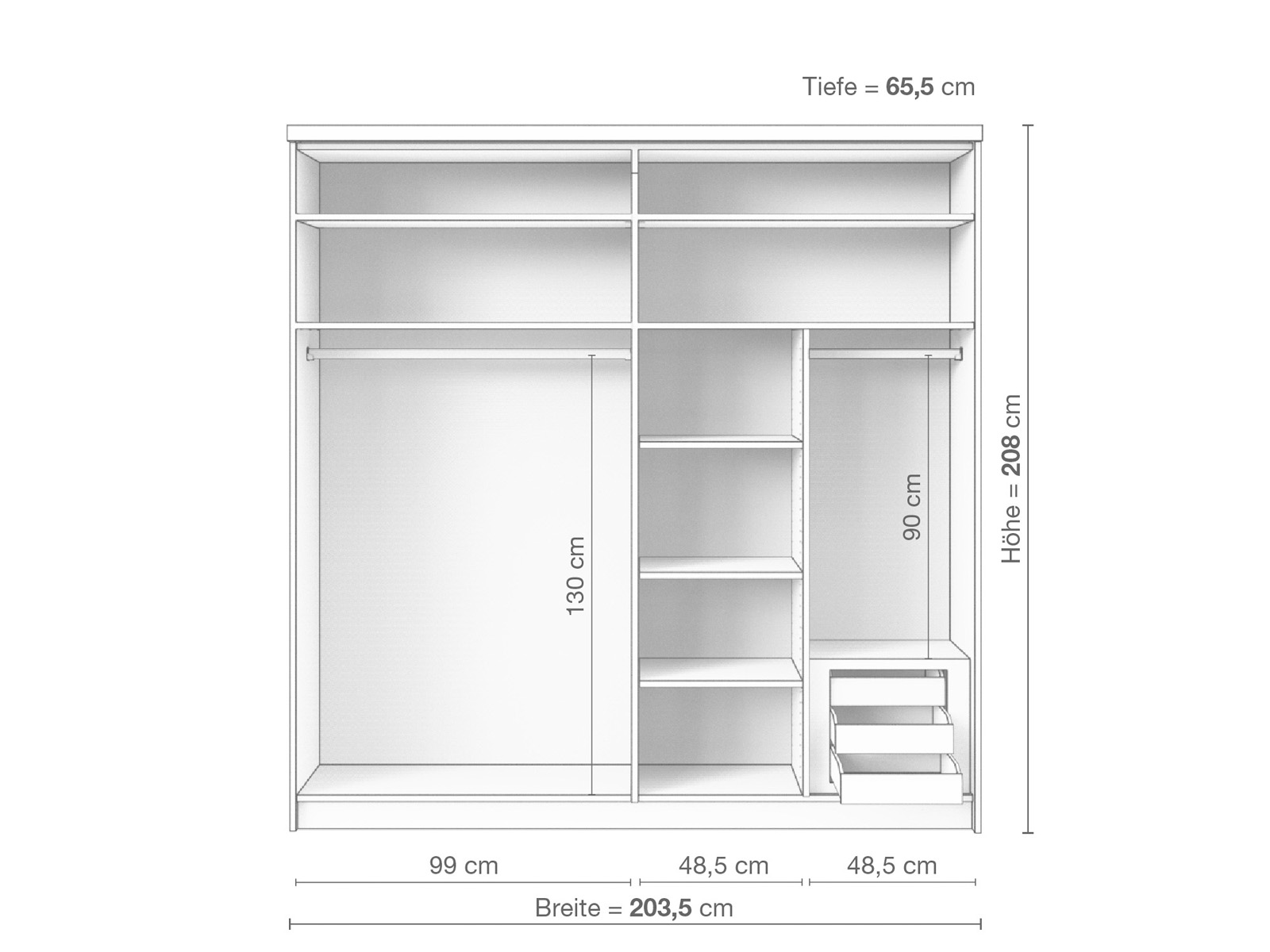 Zirbenschrank „Oskar", 2-türig breit, Höhe 208 cm, Inneneinrichtung C