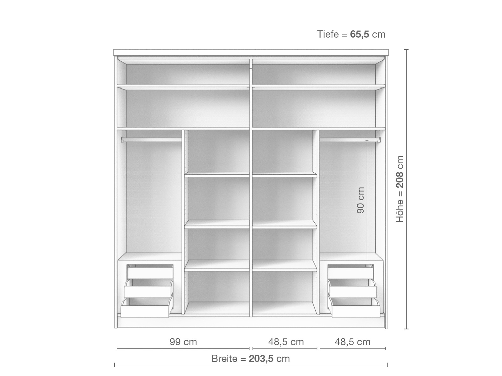 Zirbenschrank „Oskar", 2-türig breit, Höhe 208 cm, Inneneinrichtung D