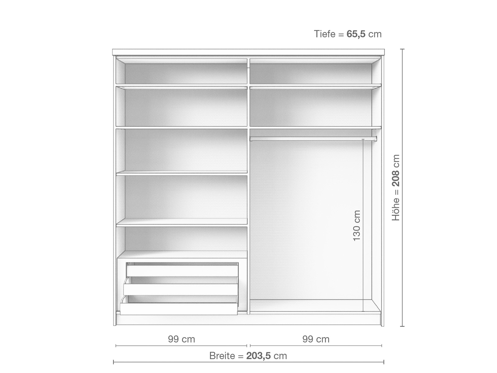 Zirbenschrank „Oskar", 2-türig breit, Höhe 208 cm, Inneneinrichtung E