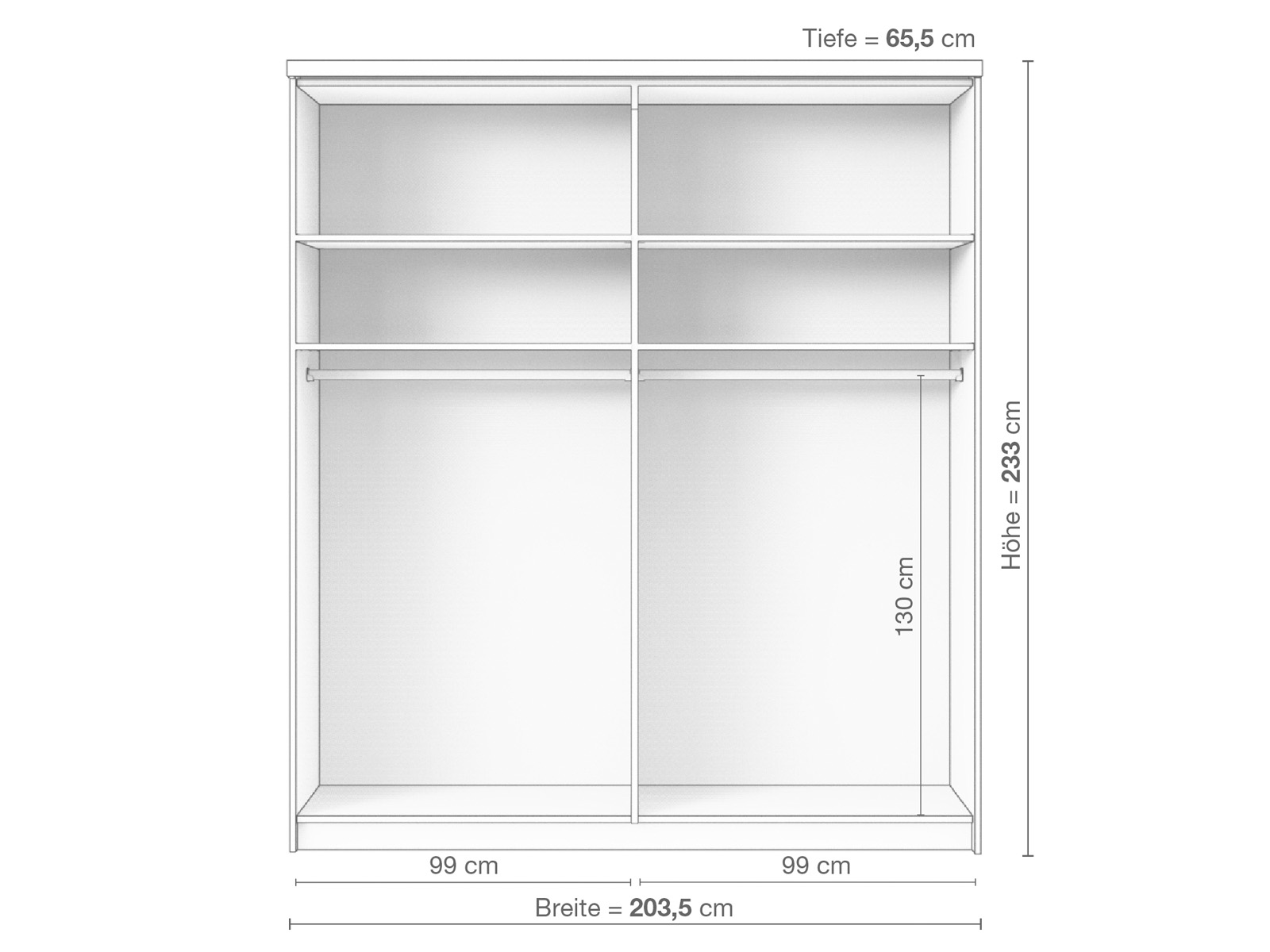 Zirbenschrank „Alpenrose", 2-türig breit, Höhe 233 cm, Inneneinrichtung A