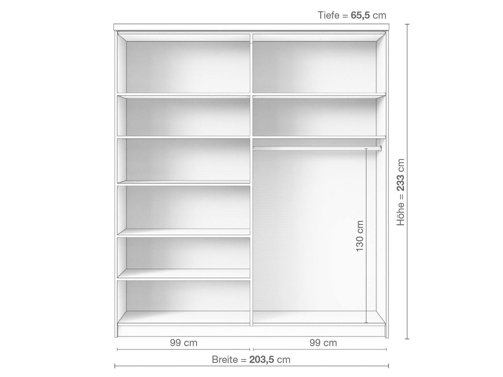 Zirbenschrank „Alpenrose", 2-türig breit, Höhe 233 cm, Inneneinrichtung B