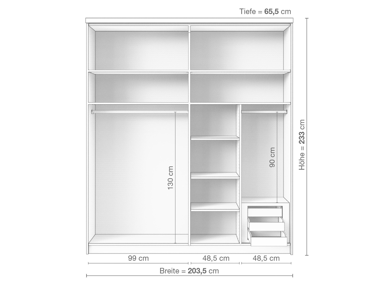 Zirbenschrank „Alpenrose", 2-türig breit, Höhe 233 cm, Inneneinrichtung C