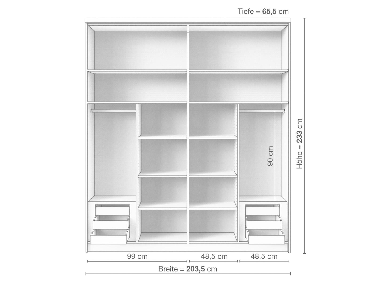 Zirbenschrank „Oskar", 2-türig breit, Höhe 233 cm, Inneneinrichtung D